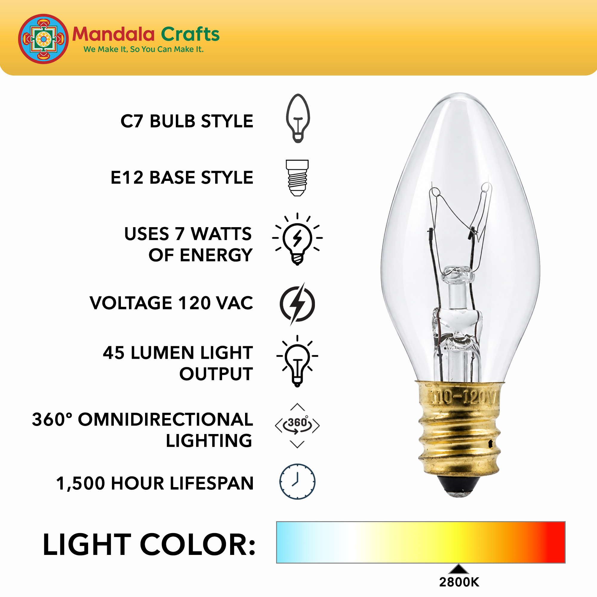 Mandala Crafts 7W E12 C7 Bulbs for Wax Warmers & Himalayan Salt Lamps