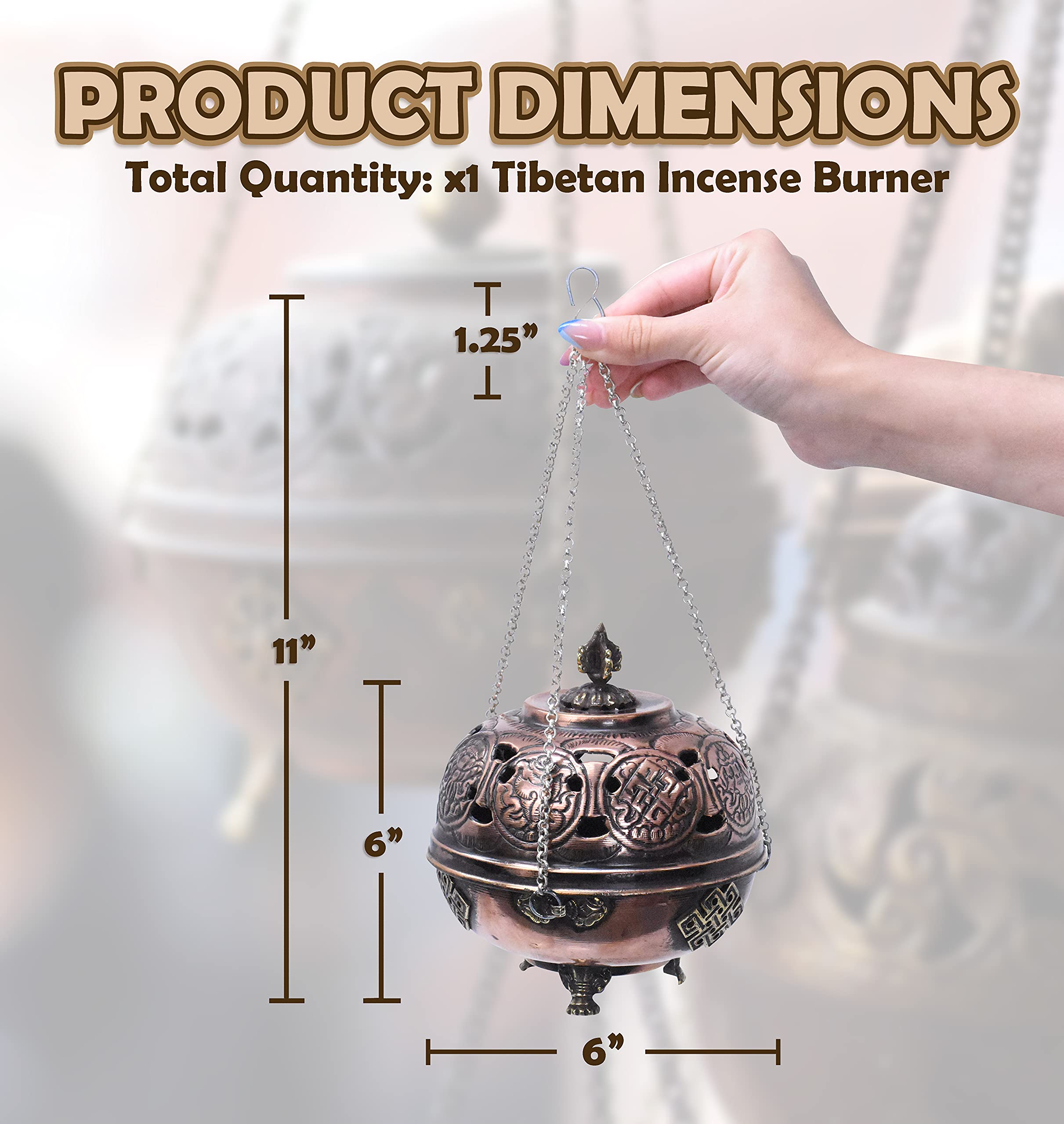 Mudra Crafts Tibetan Incense Burner – Hanging Censer Incense Burner with Chain – Brass Incense Burner with Lid for Resin Charcoal (8 Auspicious Signs)