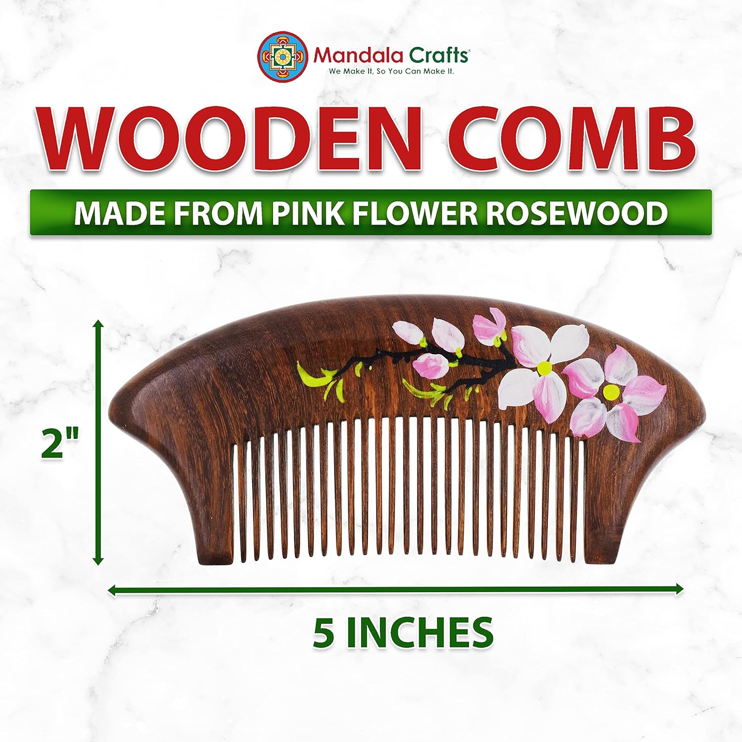 Mandala Crafts Wooden Comb - Pink Flower Rosewood Anti-Static Wood Comb - Wooden Wide Tooth Hair Comb for Men Women Straight Curly Hair Detangling Beard