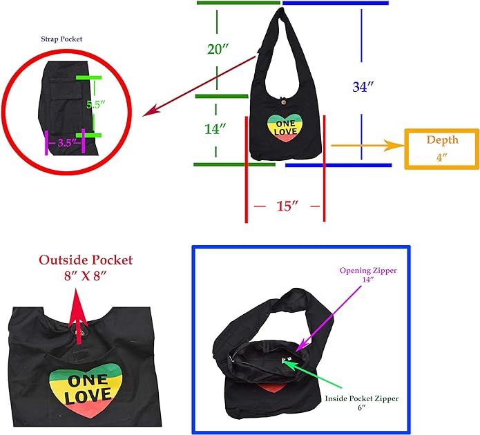 Hippie Bag - Boho Bag - Hobo Hippie Purse - Indie Style Hippie Crossbody Bag - Bohemian Sling Shoulder Bag by Mandala Crafts, Rasta One Love