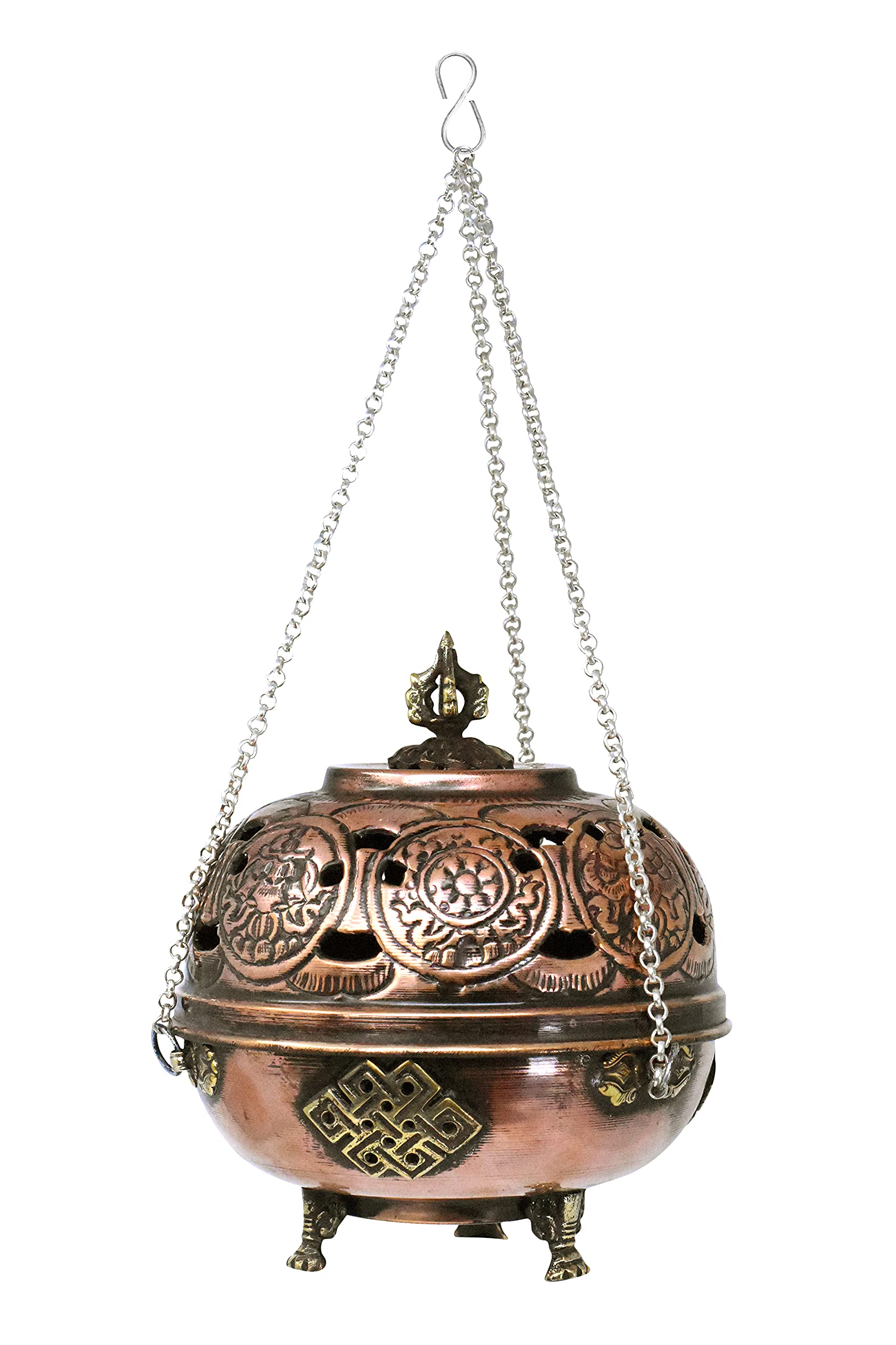 Mudra Crafts Tibetan Incense Burner – Hanging Censer Incense Burner with Chain – Brass Incense Burner with Lid for Resin Charcoal (8 Auspicious Signs)