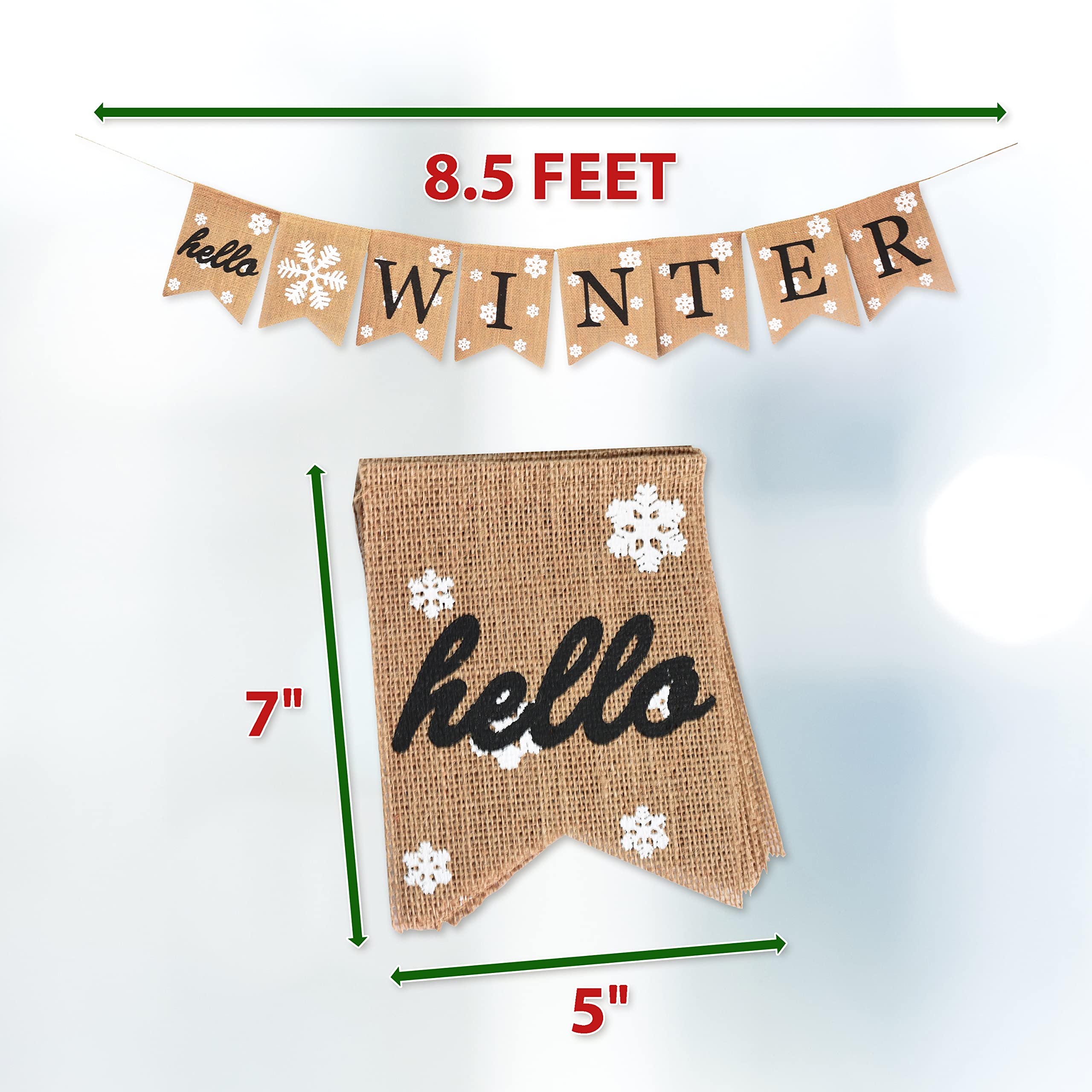 Mandala Crafts Burlap Hello Winter Garland for Mantel Fireplace - Small Winter Flags Snowflake Banner for Winter Decorations Christmas