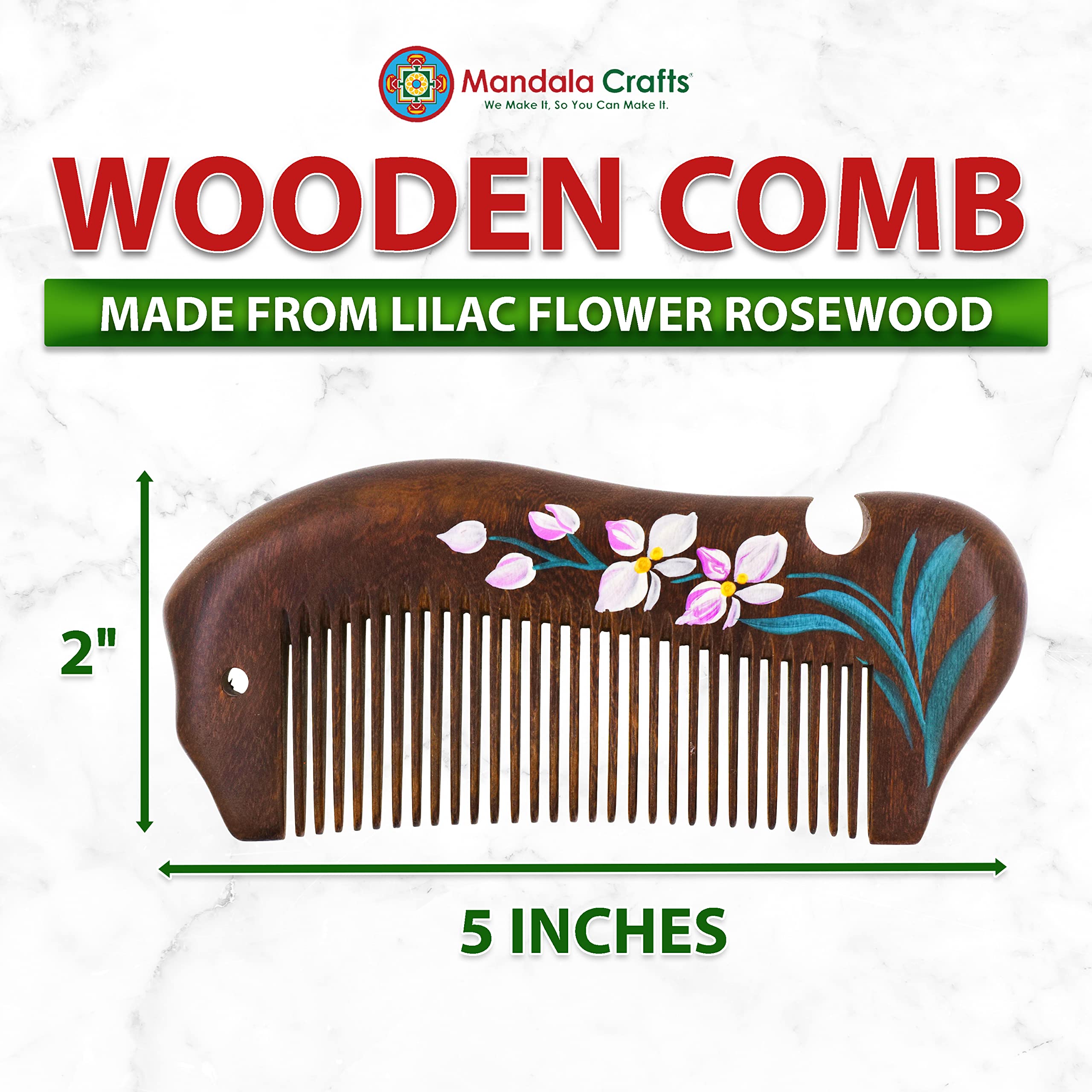 Mandala Crafts Wooden Comb - Lilac Flower Rosewood Anti-Static Wood Comb - Wooden Wide Tooth Hair Comb for Men Women Straight Curly Hair Detangling Beard