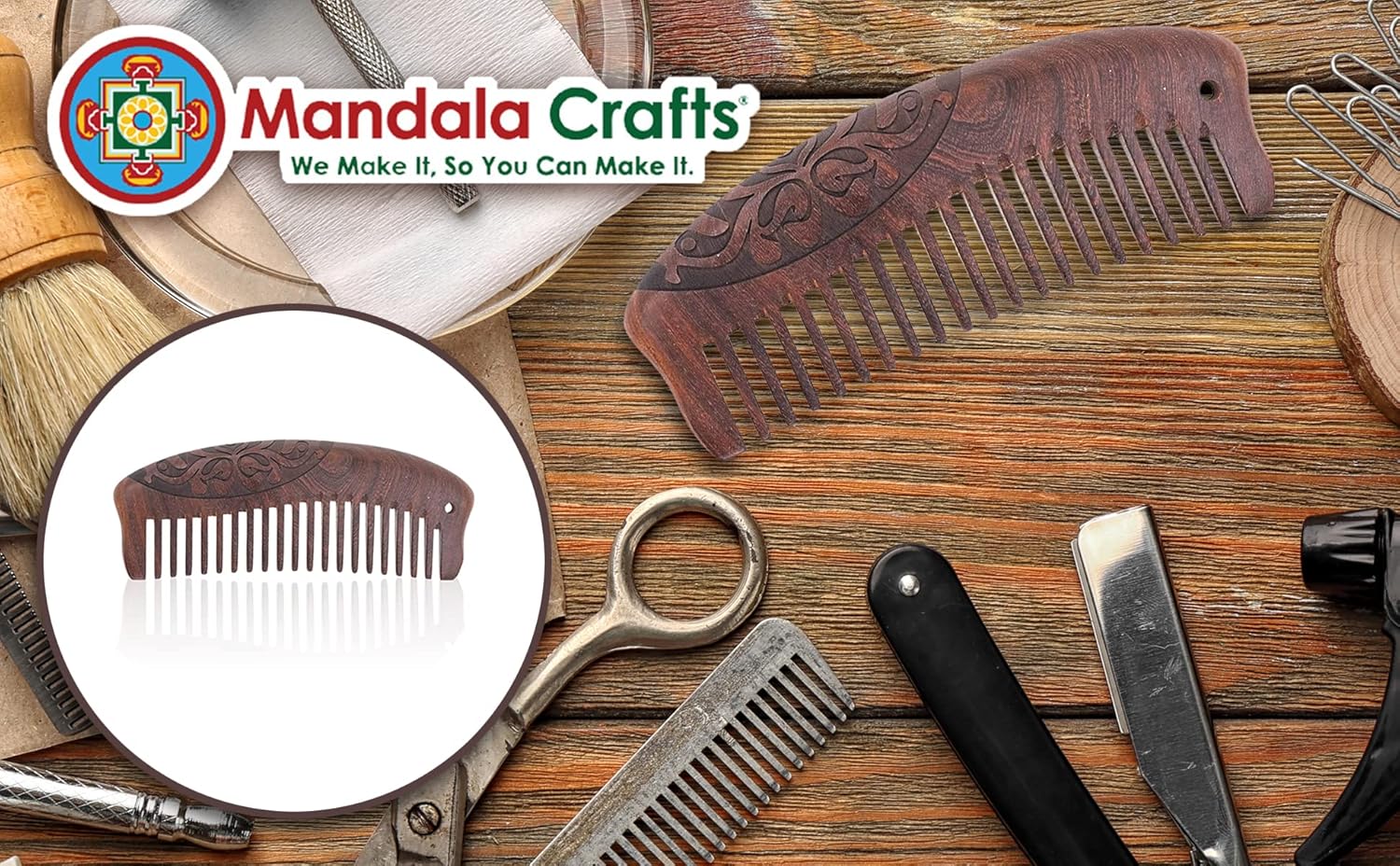 Mandala Crafts Wooden Comb - Pink Flower Rosewood Anti-Static Wood Comb - Wooden Wide Tooth Hair Comb for Men Women Straight Curly Hair Detangling Beard