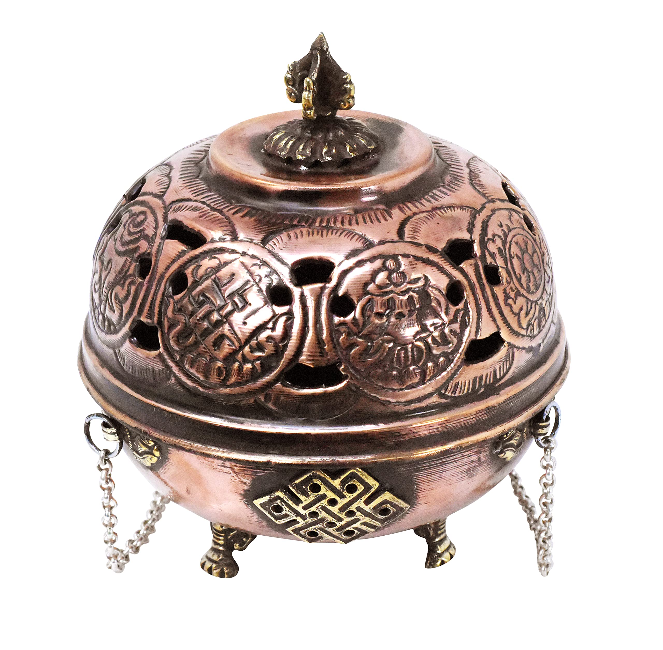 Mudra Crafts Tibetan Incense Burner – Hanging Censer Incense Burner with Chain – Brass Incense Burner with Lid for Resin Charcoal (8 Auspicious Signs)