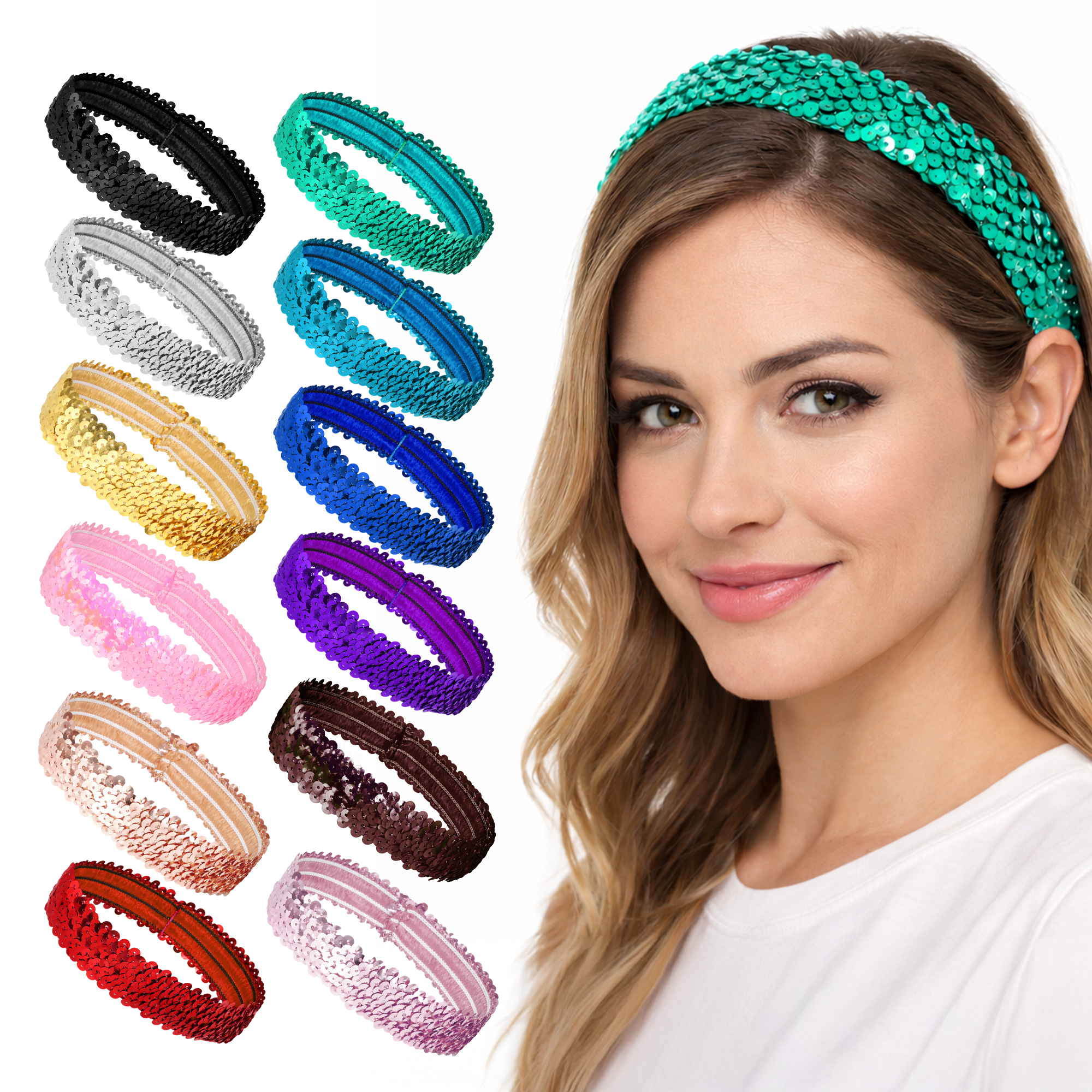 Mandala Crafts Stretch Elastic Sequin Headband, Sparkle Glitter Fashion Head Band 12 Pack Set for Sports, Dance, Party, Women, Girls, Babies