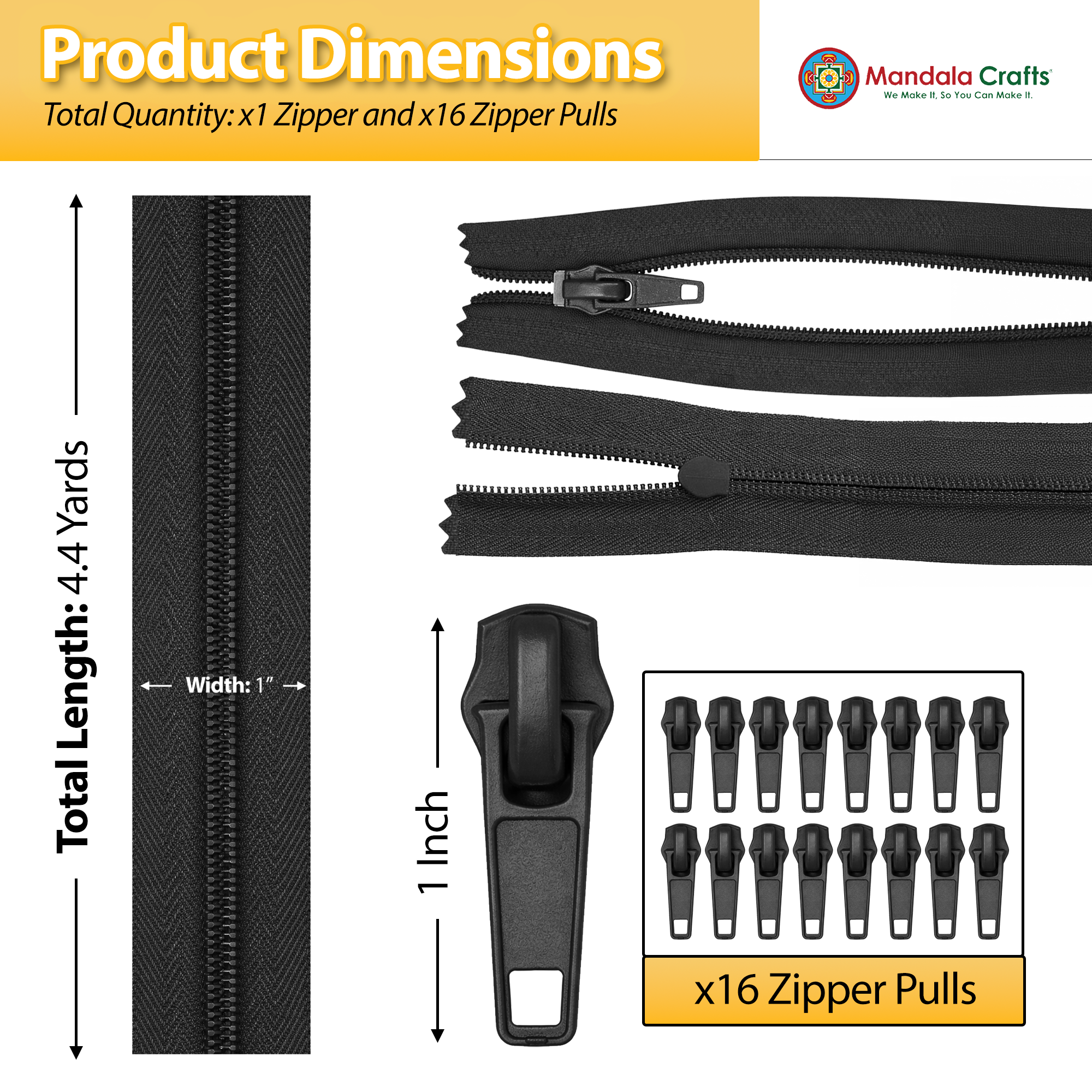 Mandala Crafts Long Zipper by The Yard - Coil Zipper by The Yard #5 - Continuous Zipper Roll for Sewing - Upholstery Zipper Chain with 16 Installed Sliders 4.4 Yards Long