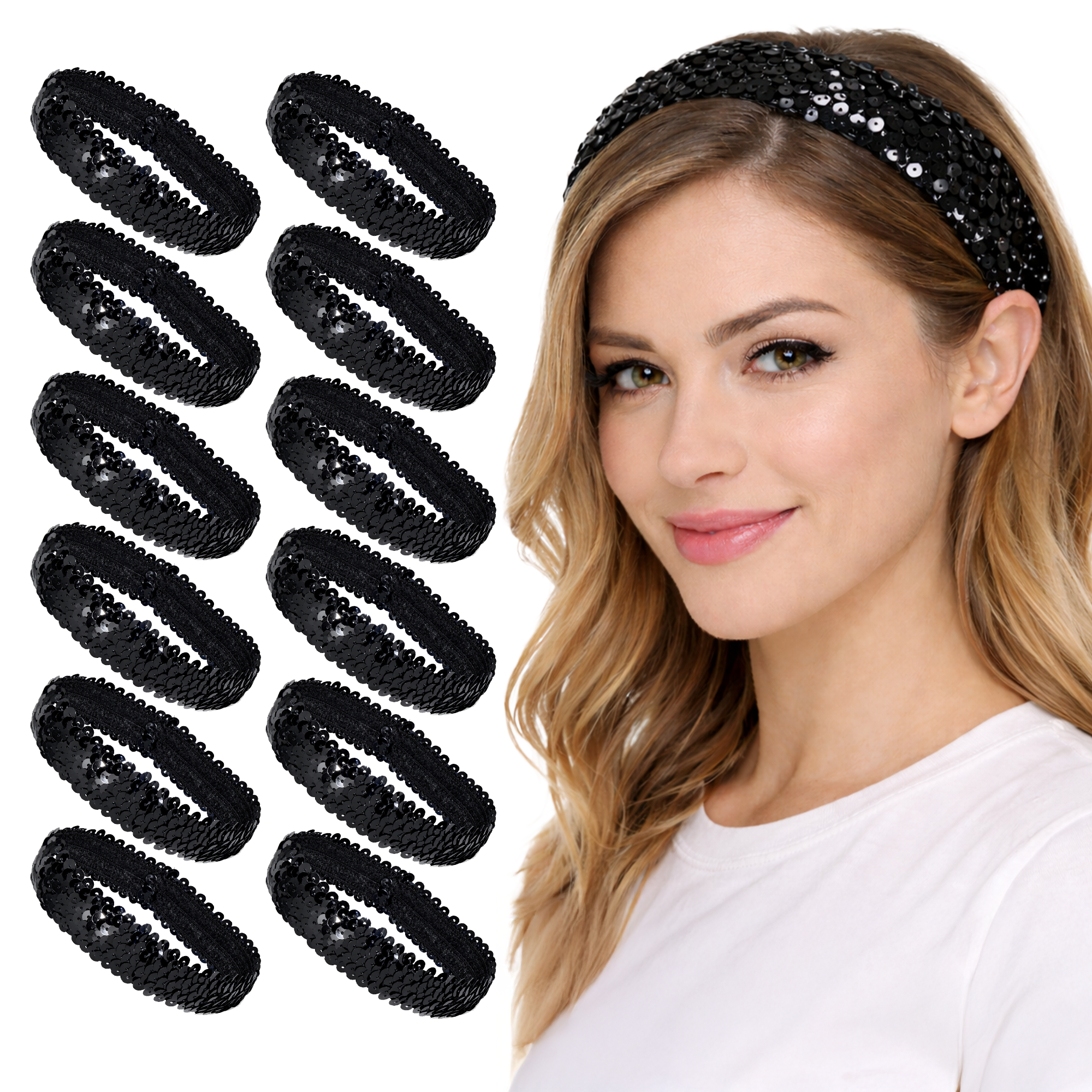 Mandala Crafts Stretch Elastic Sequin Headband, Sparkle Glitter Fashion Head Band 12 Pack Set for Sports, Dance, Party, Women, Girls, Babies