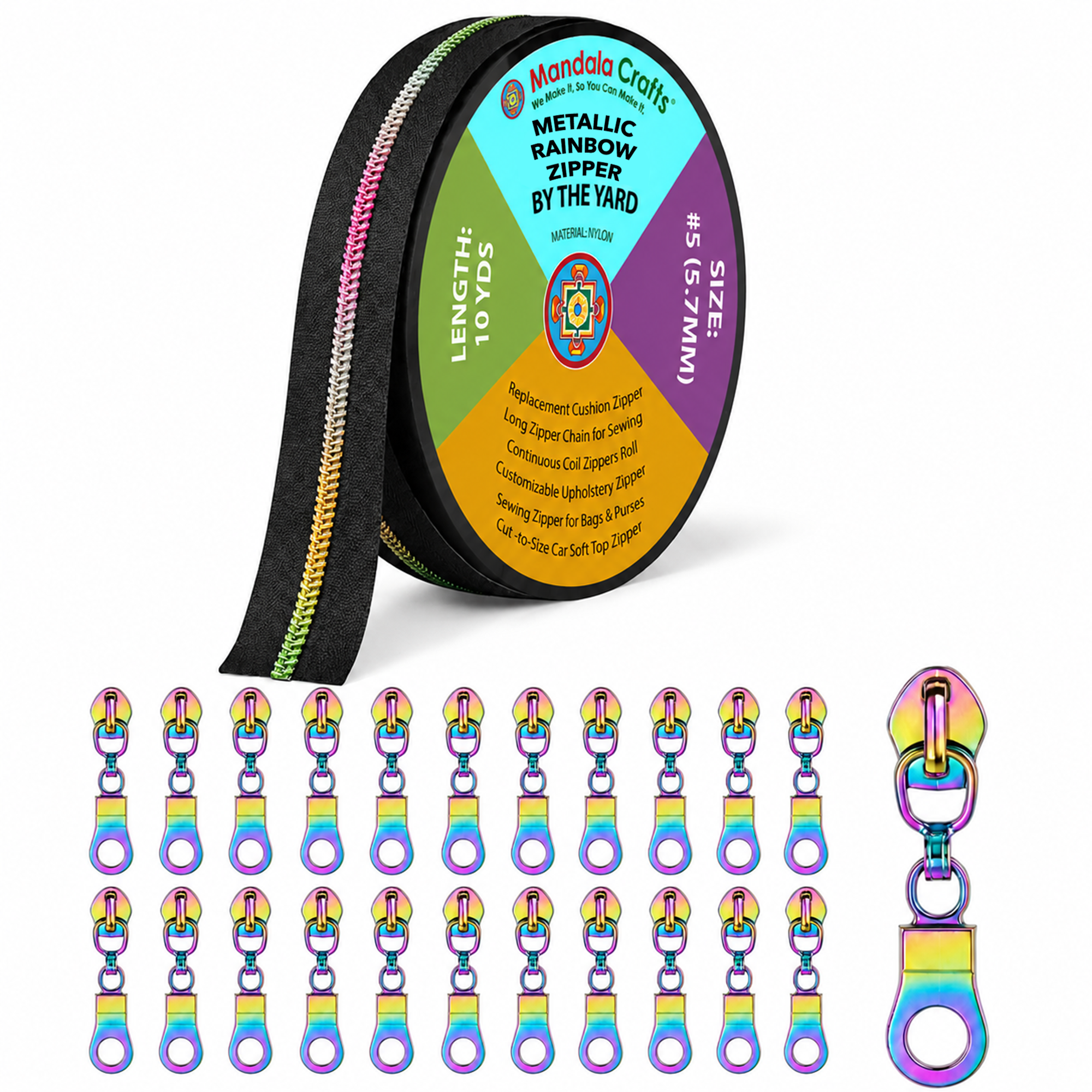 Mandala Crafts #5 Metallic Nylon Zippers by the Yard | 10 YDs, Continuous Coil Zipper Chain on the Roll, with 25 Pull Sliders, for Upholstery, Sewing, Indoor Outdoor Cushions
