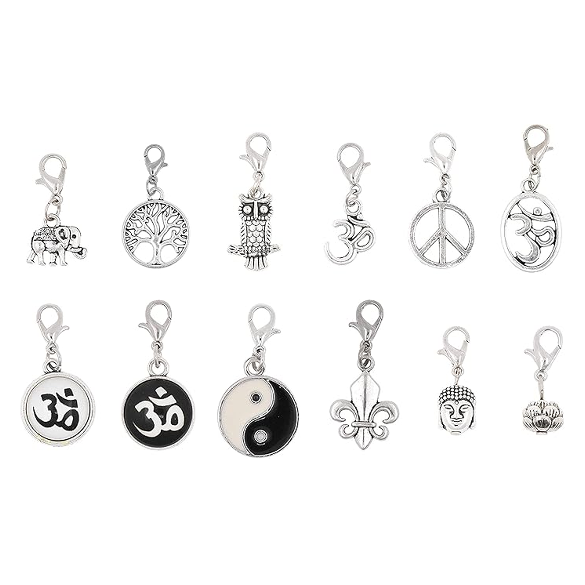 Mandala Crafts Clip On Charms with Lobster Clasp for Bracelet, Necklace, DIY Jewelry ; Silver Tone, 12 Assorted PCs