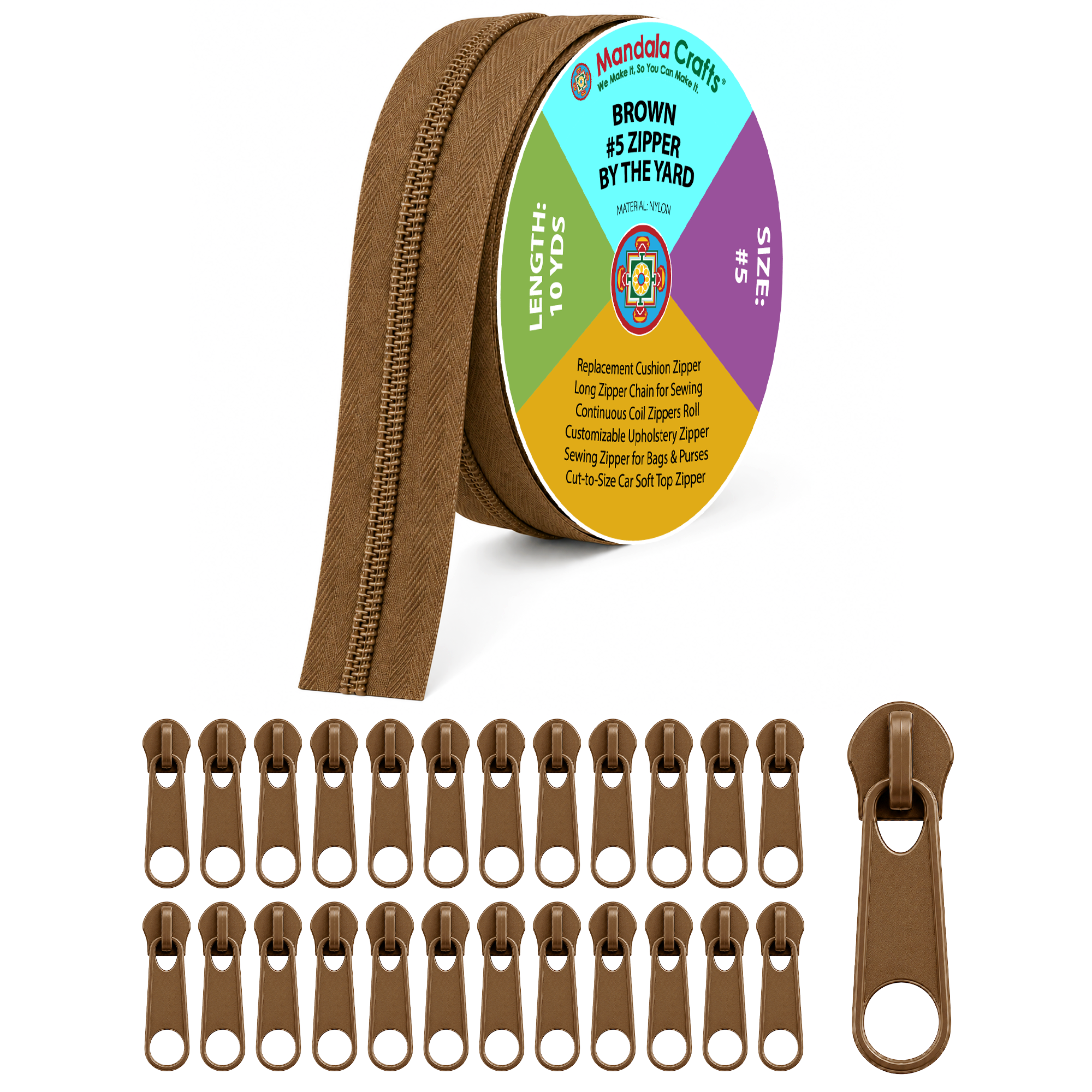 Mandala Crafts #3 #5 Nylon Zippers by the Yard with 25 Pulls | 10 YDs, Continuous Coil Zipper Chain on the Roll, Rust Resistant Sliders, for Upholstery, Sewing, Indoor Outdoor Cushions