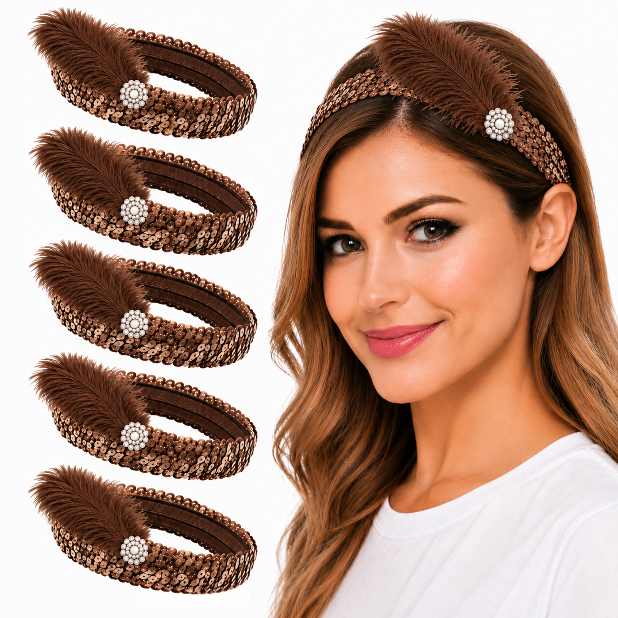 Mandala Crafts Glitter Sequin Headbands with Ostrich Feather Flapper for Women – Elastic Sparkle Bands for Disco, Dance, Carnival Party, or Costume Accessories 5 PCs