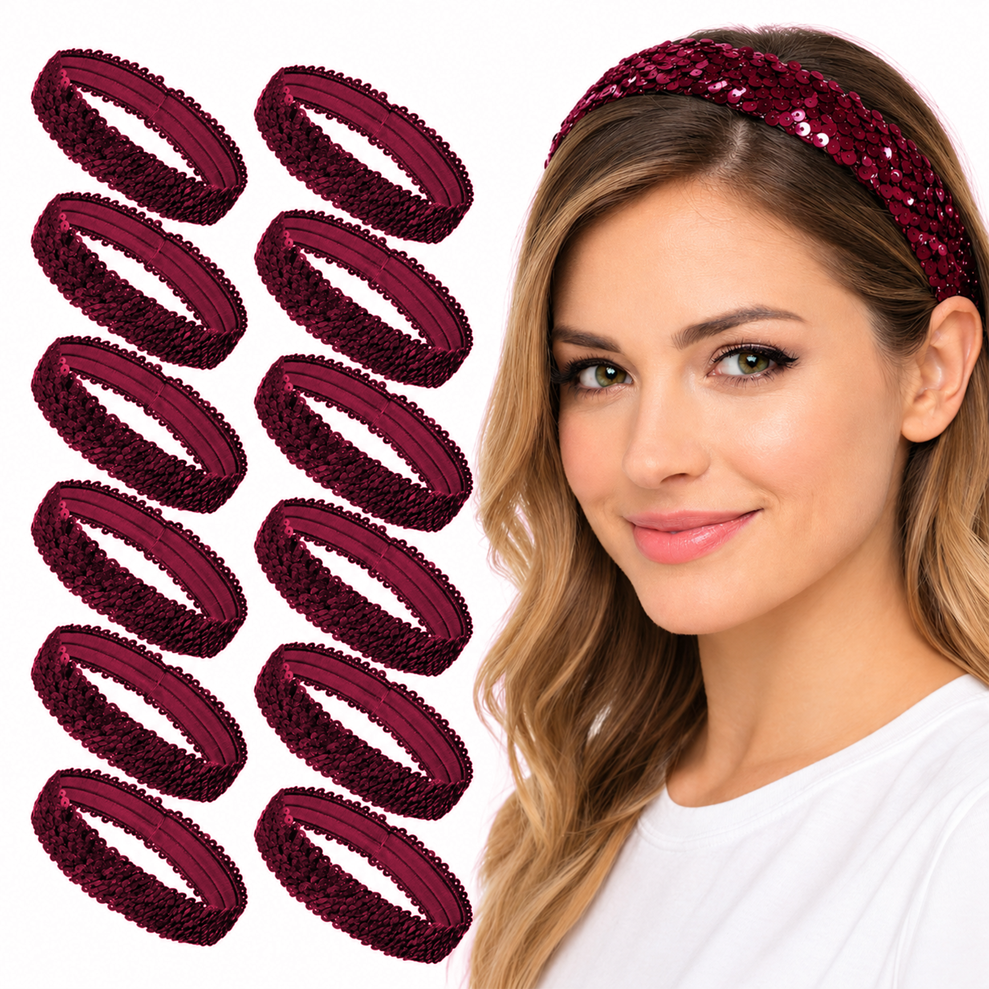 Mandala Crafts Stretch Elastic Sequin Headband, Sparkle Glitter Fashion Head Band 12 Pack Set for Sports, Dance, Party, Women, Girls, Babies