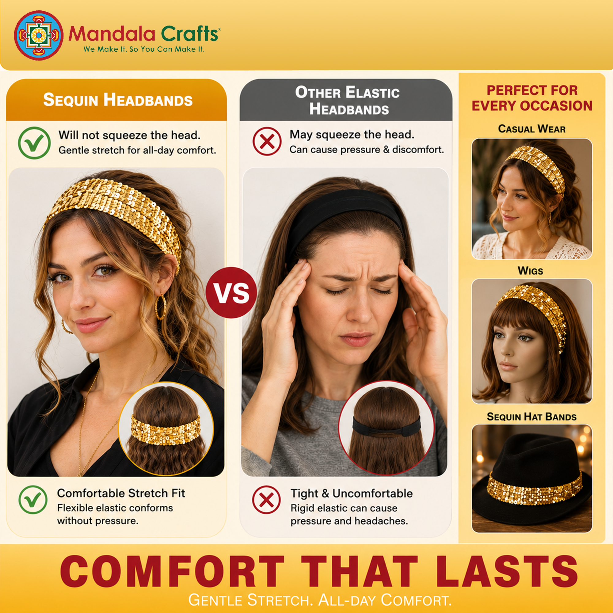 Mandala Crafts Stretch Elastic Sequin Headband, Sparkle Glitter Fashion Head Band 12 Pack Set for Sports, Dance, Party, Women, Girls, Babies