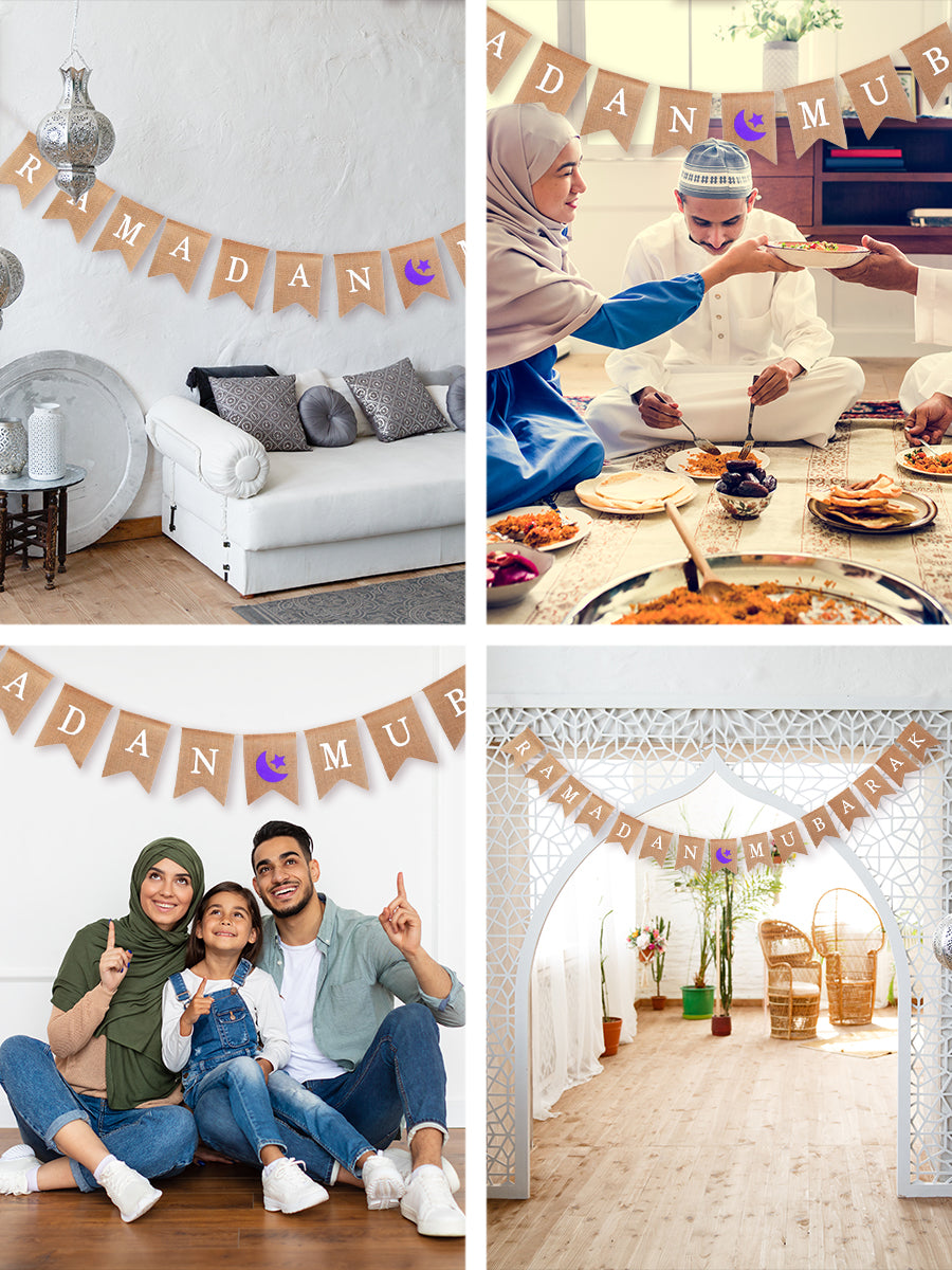 Mandala Crafts Burlap Ramadan Mubarak Banner Happy Ramadan Decorations for Home - Moon and Star Eid Mubarak Sign Ramadan Kareem Decoration for Party Mantel Fireplace