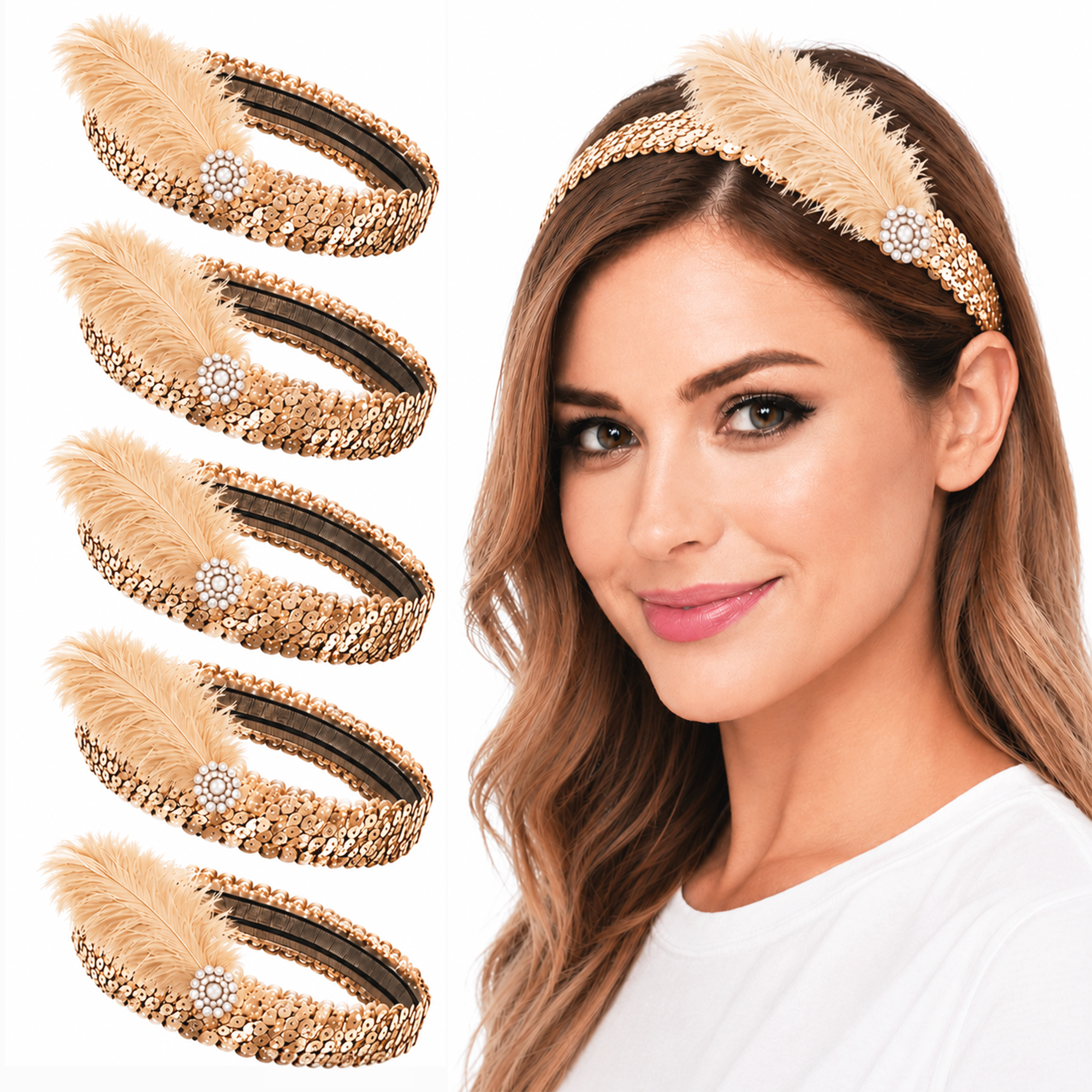 Mandala Crafts Glitter Sequin Headbands with Ostrich Feather Flapper for Women – Elastic Sparkle Bands for Disco, Dance, Carnival Party, or Costume Accessories 5 PCs