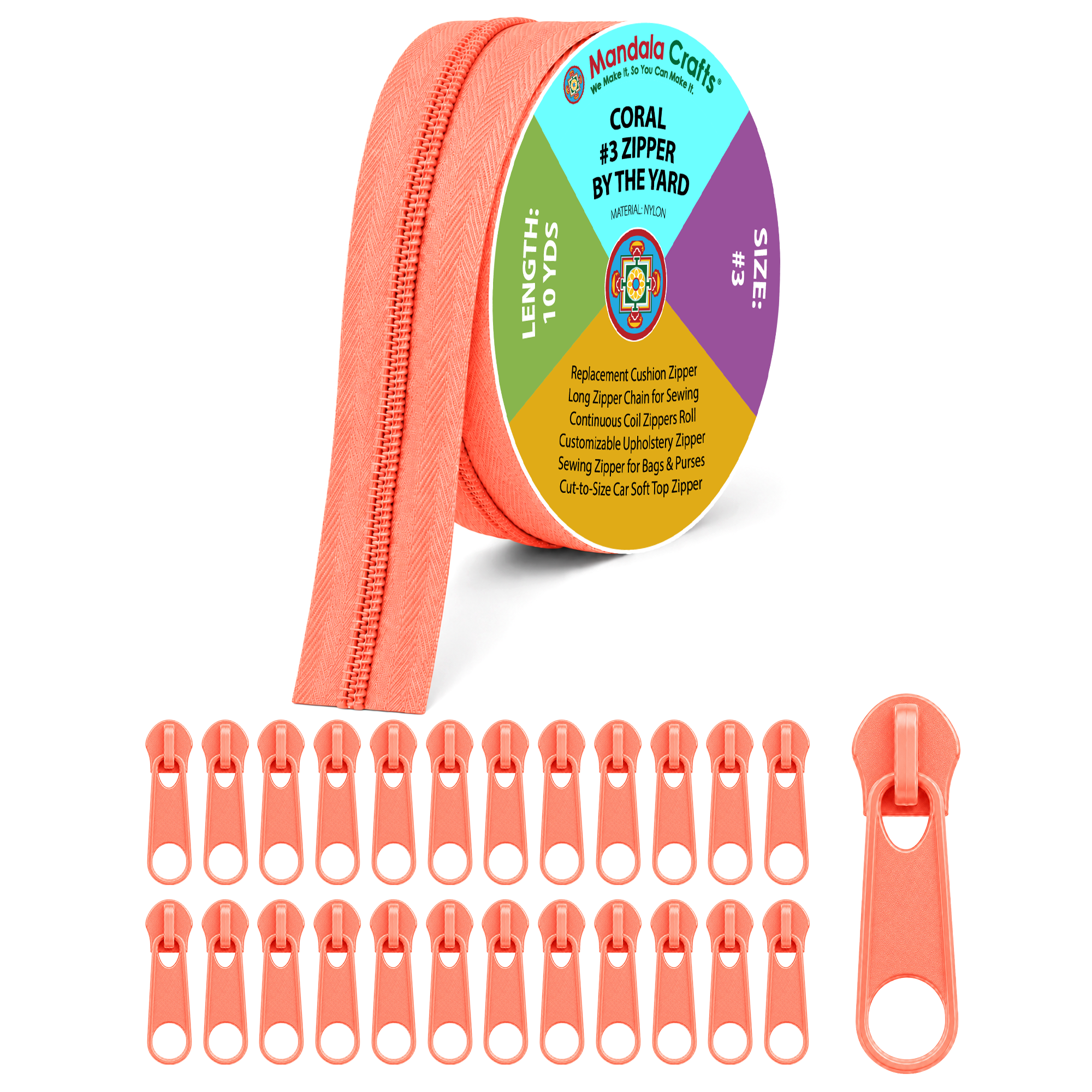 Mandala Crafts #3 #5 Nylon Zippers by the Yard with 25 Pulls | 10 YDs, Continuous Coil Zipper Chain on the Roll, Rust Resistant Sliders, for Upholstery, Sewing, Indoor Outdoor Cushions