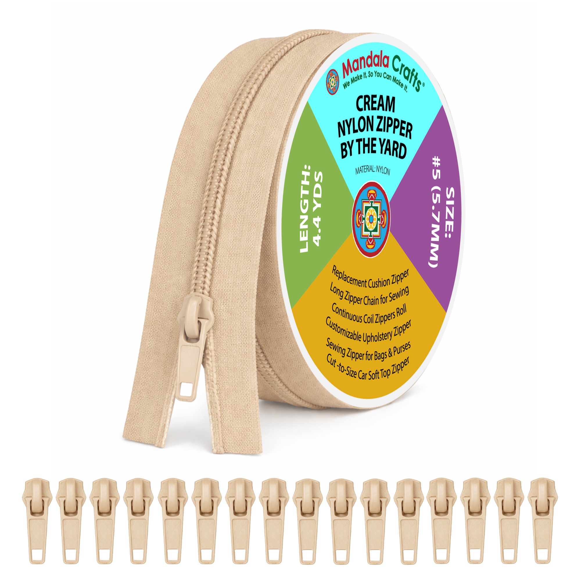 Mandala Crafts Long Zipper by The Yard - Coil Zipper by The Yard #5 - Continuous Zipper Roll for Sewing - Upholstery Zipper Chain with 16 Installed Sliders 4.4 Yards Long