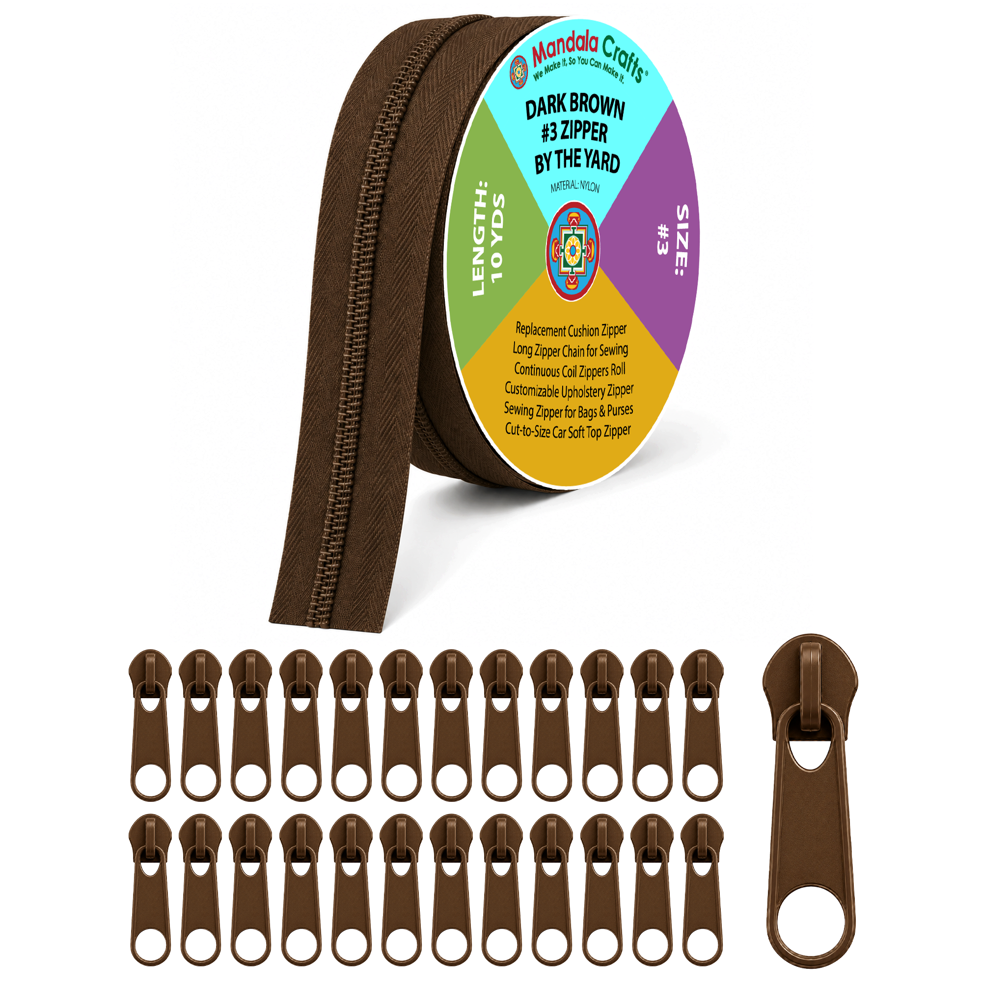Mandala Crafts #3 #5 Nylon Zippers by the Yard with 25 Pulls | 10 YDs, Continuous Coil Zipper Chain on the Roll, Rust Resistant Sliders, for Upholstery, Sewing, Indoor Outdoor Cushions