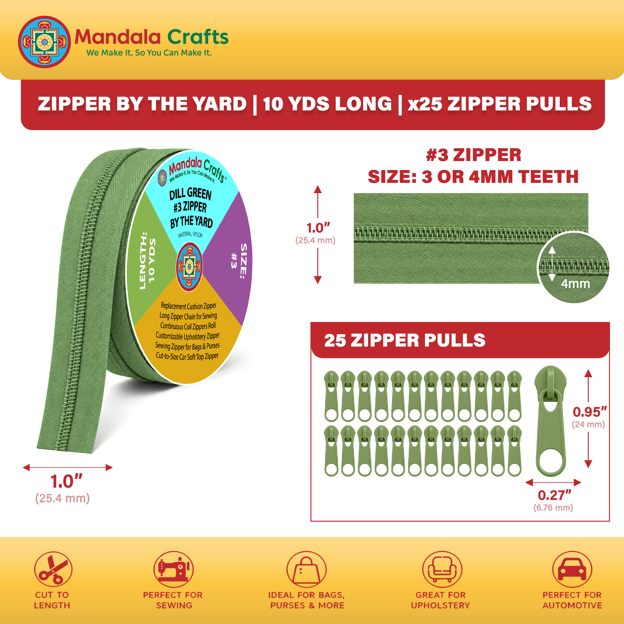 Mandala Crafts #3 #5 Nylon Zippers by the Yard with 25 Pulls | 10 YDs, Continuous Coil Zipper Chain on the Roll, Rust Resistant Sliders, for Upholstery, Sewing, Indoor Outdoor Cushions