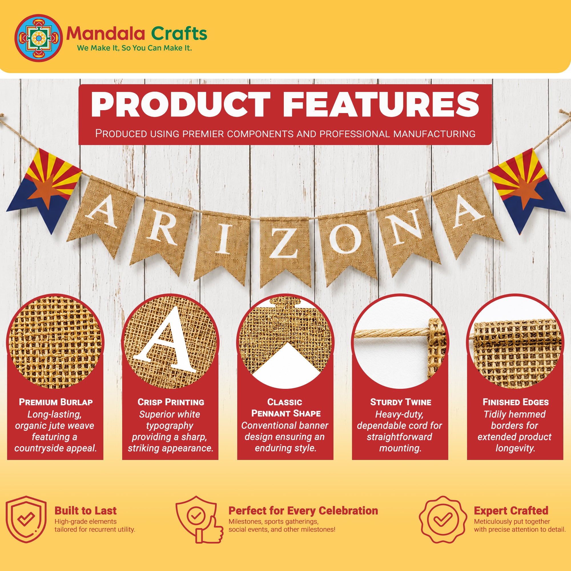 Mandala Crafts Burlap Banner, Rustic State Flag Pennant Decorations, Jute Garland Sign for Western Party, Classroom & Fireplace Mantel Décor