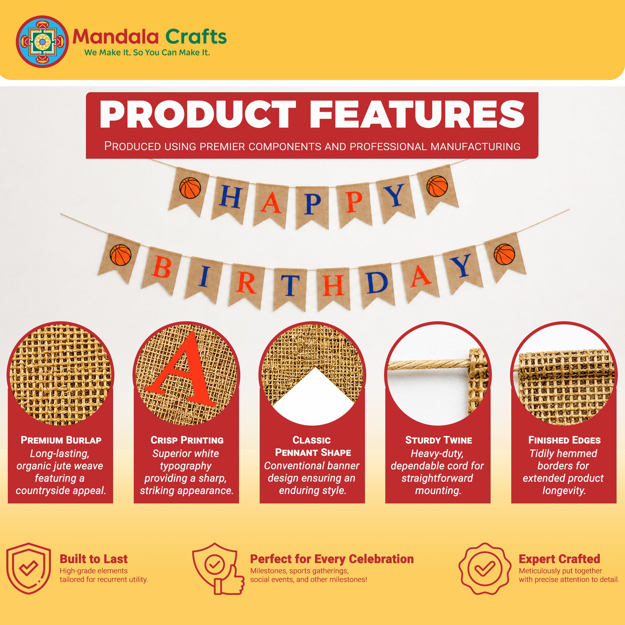 Mandala Crafts Burlap Happy Birthday Banner, Rustic Party Decorations, Jute Sports Theme Birthday Garland Sign for Home, Wall, Mantel & Photo Backdrop