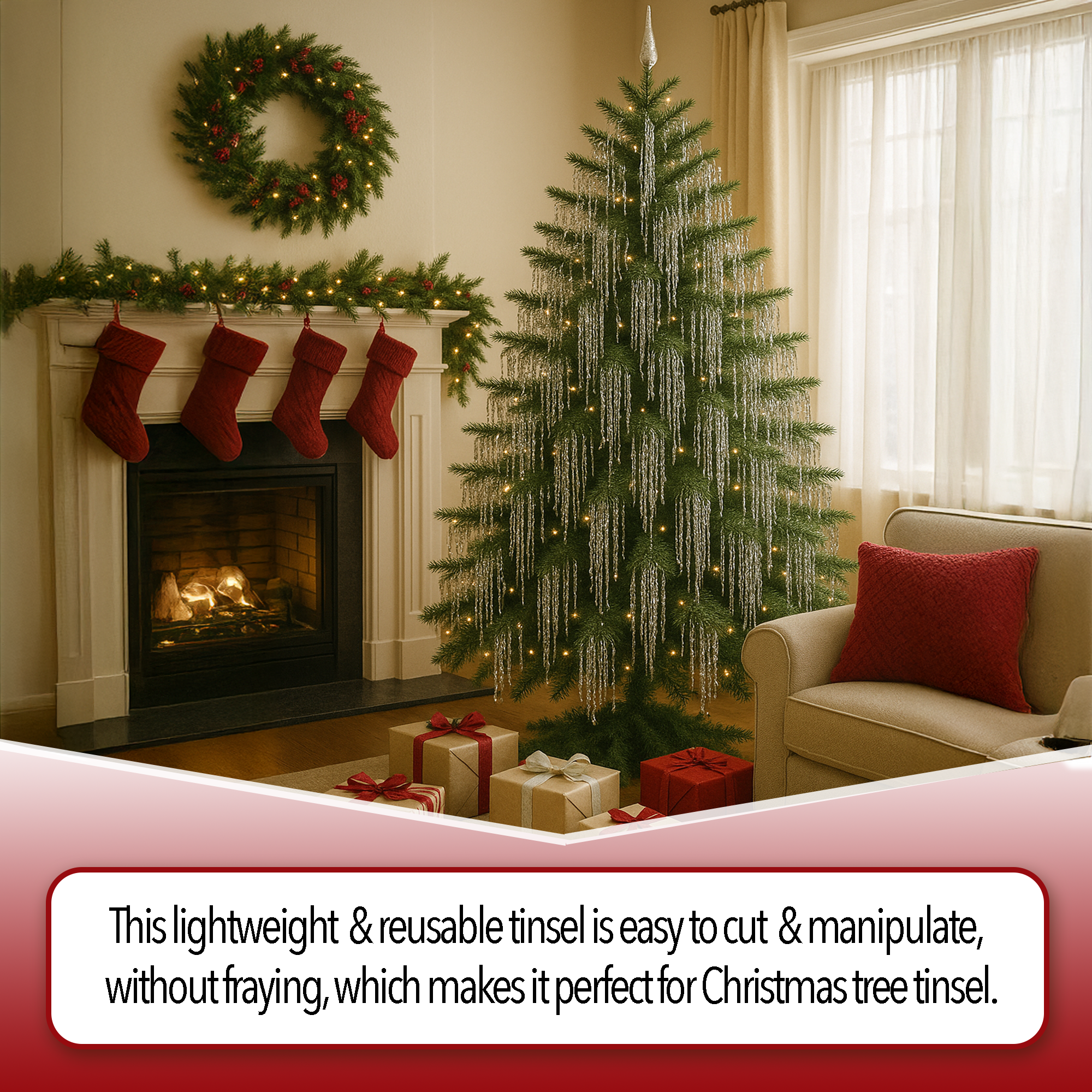 Mandala Crafts Foil Tinsel Fringe Garland Metallic Fringe Banner - 20FT Tinsel Strands Icicles for Christmas Tree Xmas