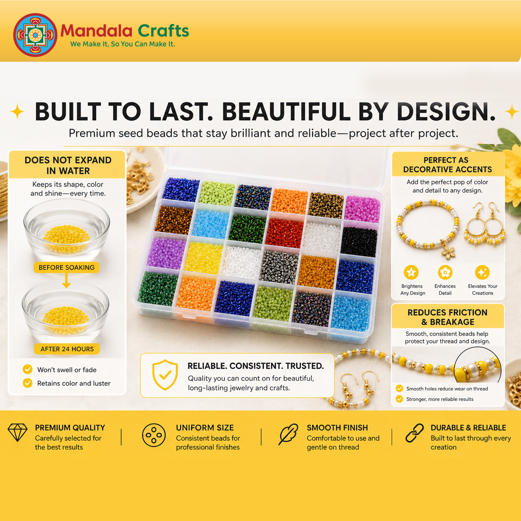 Mandala Crafts Glass Seed Beads for Jewelry Making Mini Glass Beads for Bracelets Waist Beads - Small Pony Beads Kit Bulk Beading Supplies for Crafts