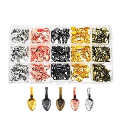 Mandala Crafts Glue on Bails for Pendant Jewelry Making, Cabochon Setting Mix Kit; Gunmetal, Antique Bronze, Rose Gold, Gold, Silver Tone Leaf 225 PCs