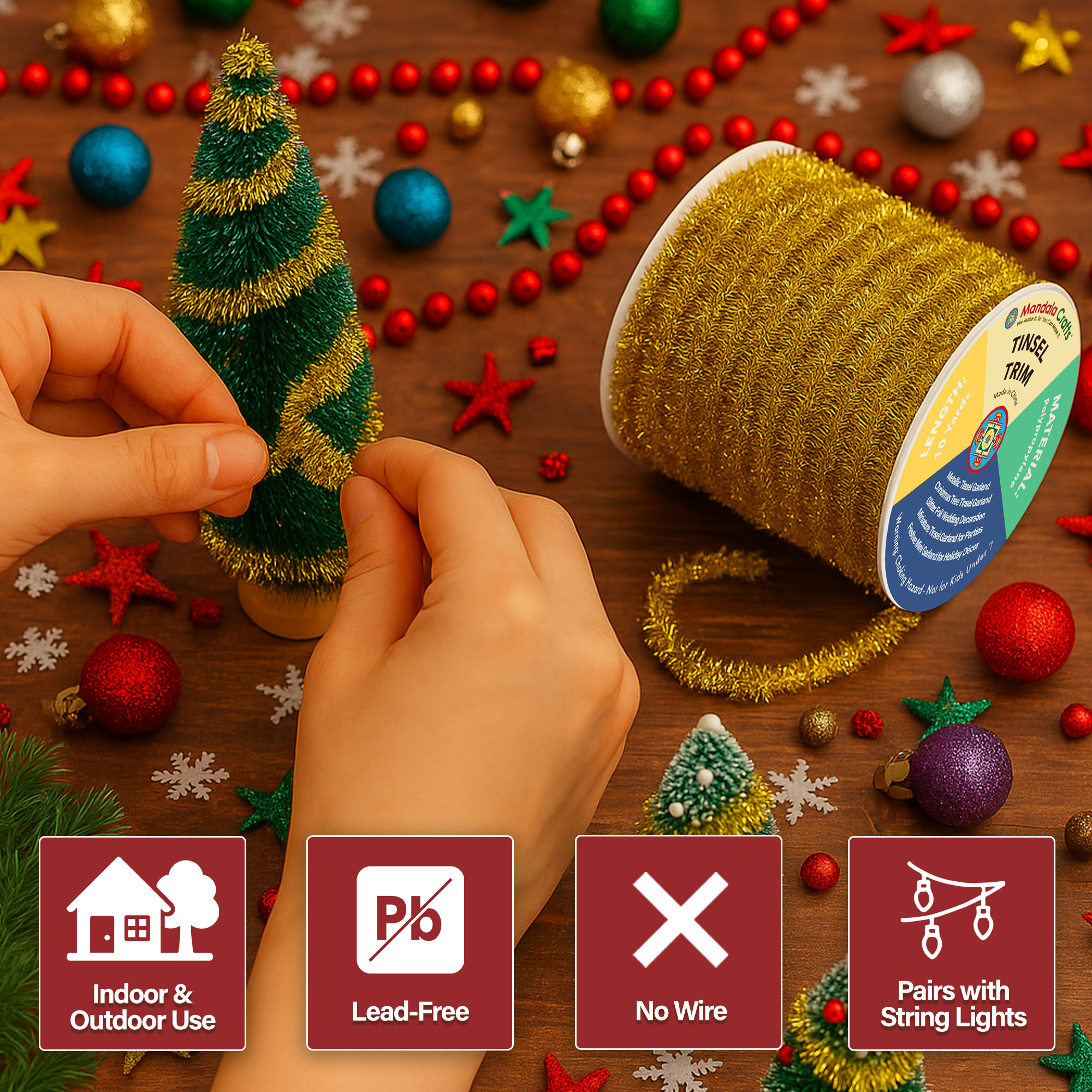 Tinsel Garland Décor Thin Tinsel Ribbon Metallic Mini Garland with Wire for Christmas Tree Decoration Wedding Birthday Party Supplies