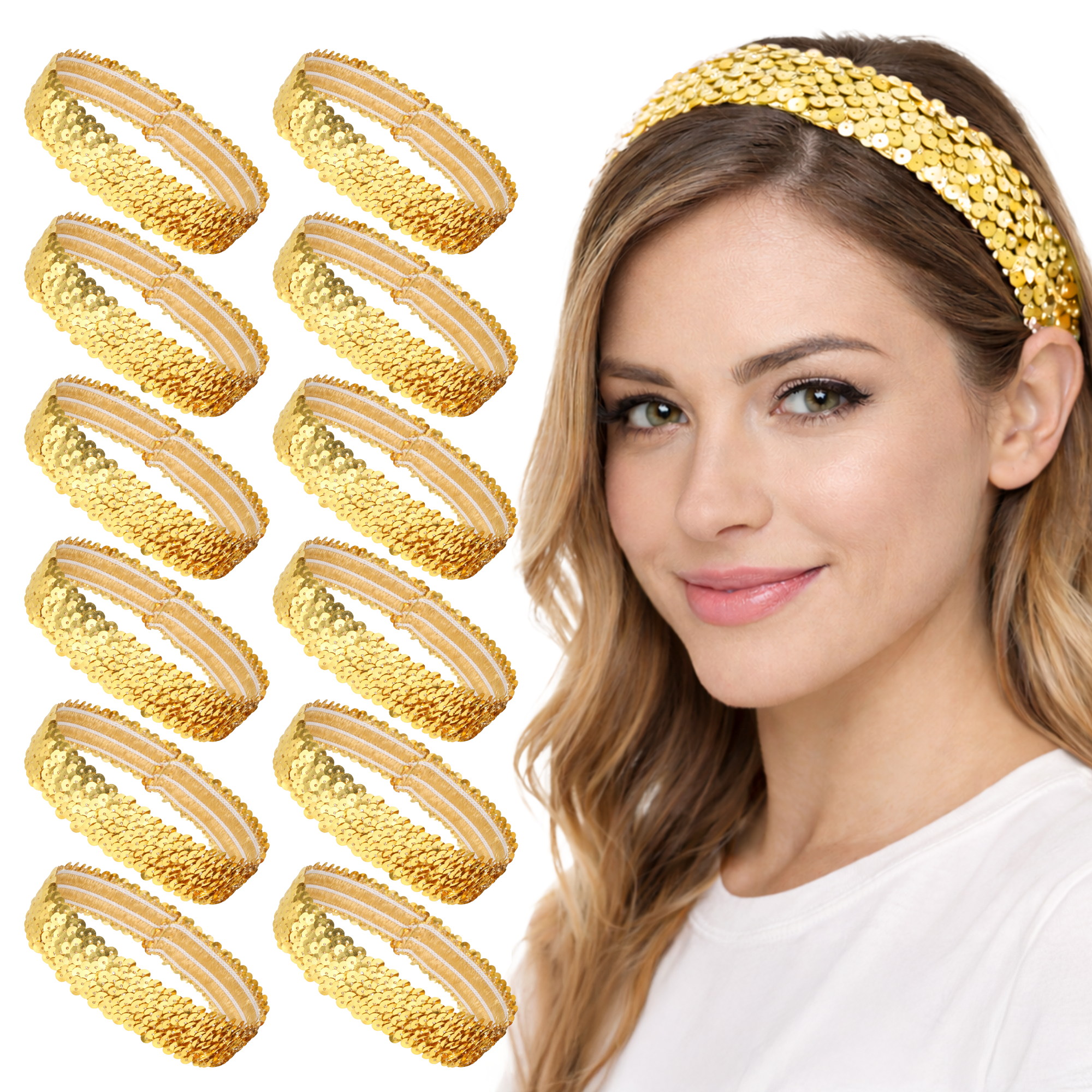 Mandala Crafts Stretch Elastic Sequin Headband, Sparkle Glitter Fashion Head Band 12 Pack Set for Sports, Dance, Party, Women, Girls, Babies