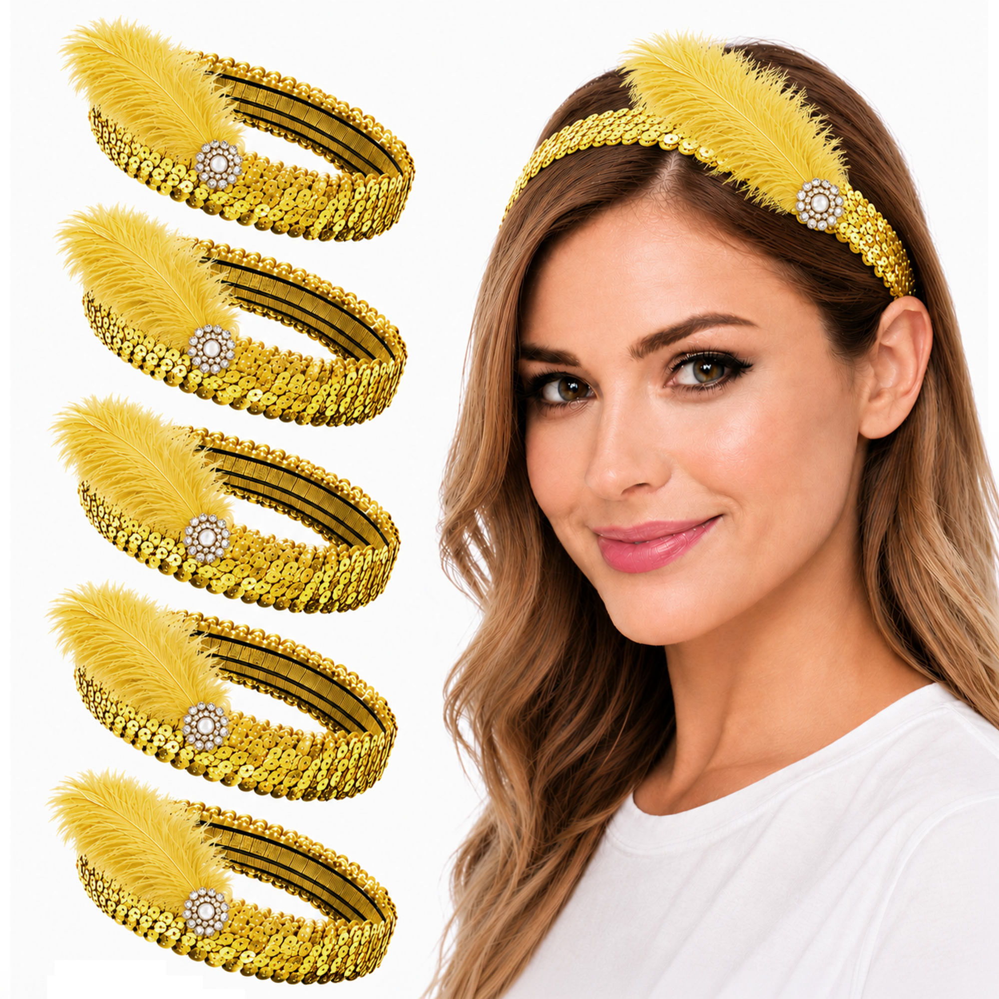 Mandala Crafts Glitter Sequin Headbands with Ostrich Feather Flapper for Women – Elastic Sparkle Bands for Disco, Dance, Carnival Party, or Costume Accessories 5 PCs