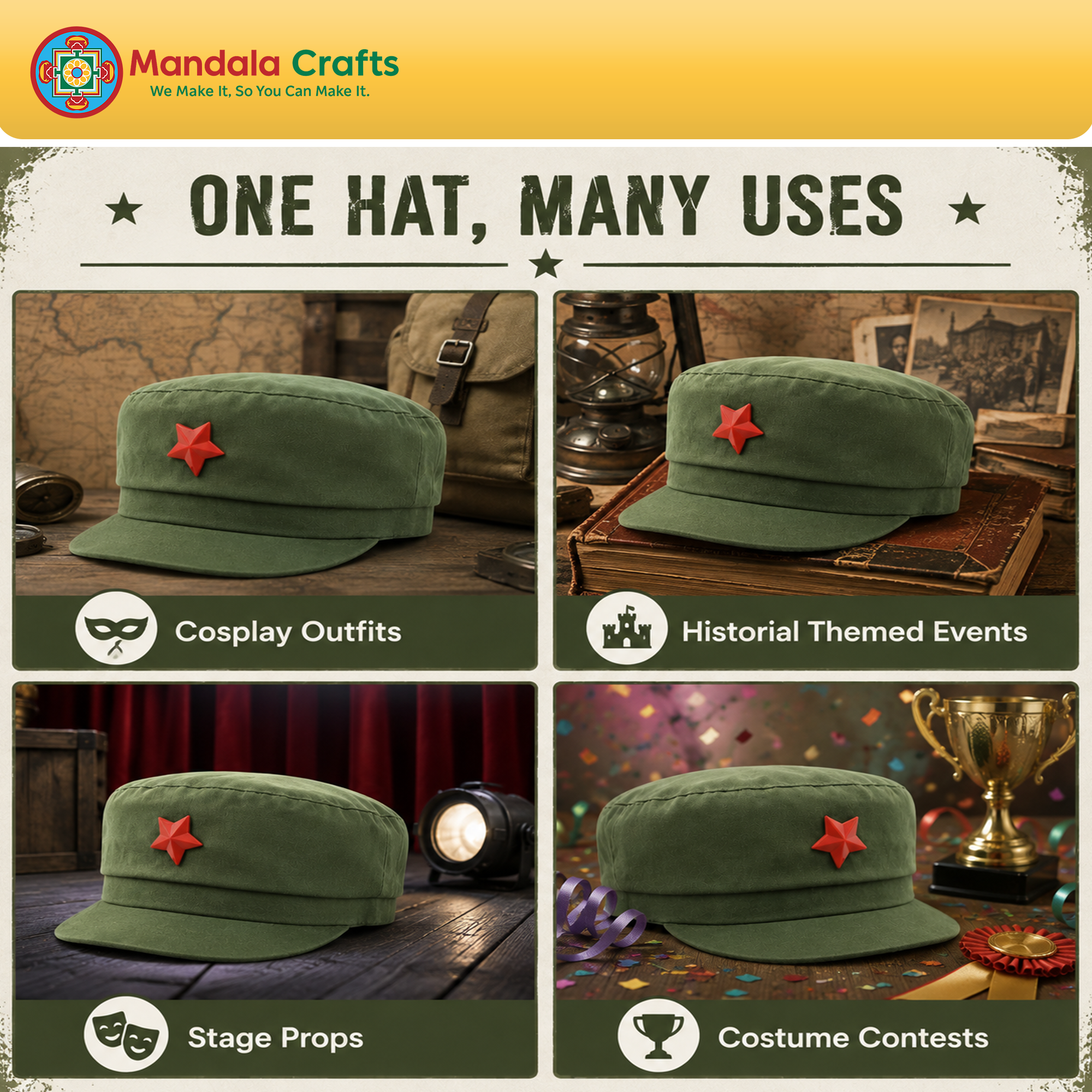 Mandala Crafts Green Military Style Mao Cap Adult Halloween Costume Hat