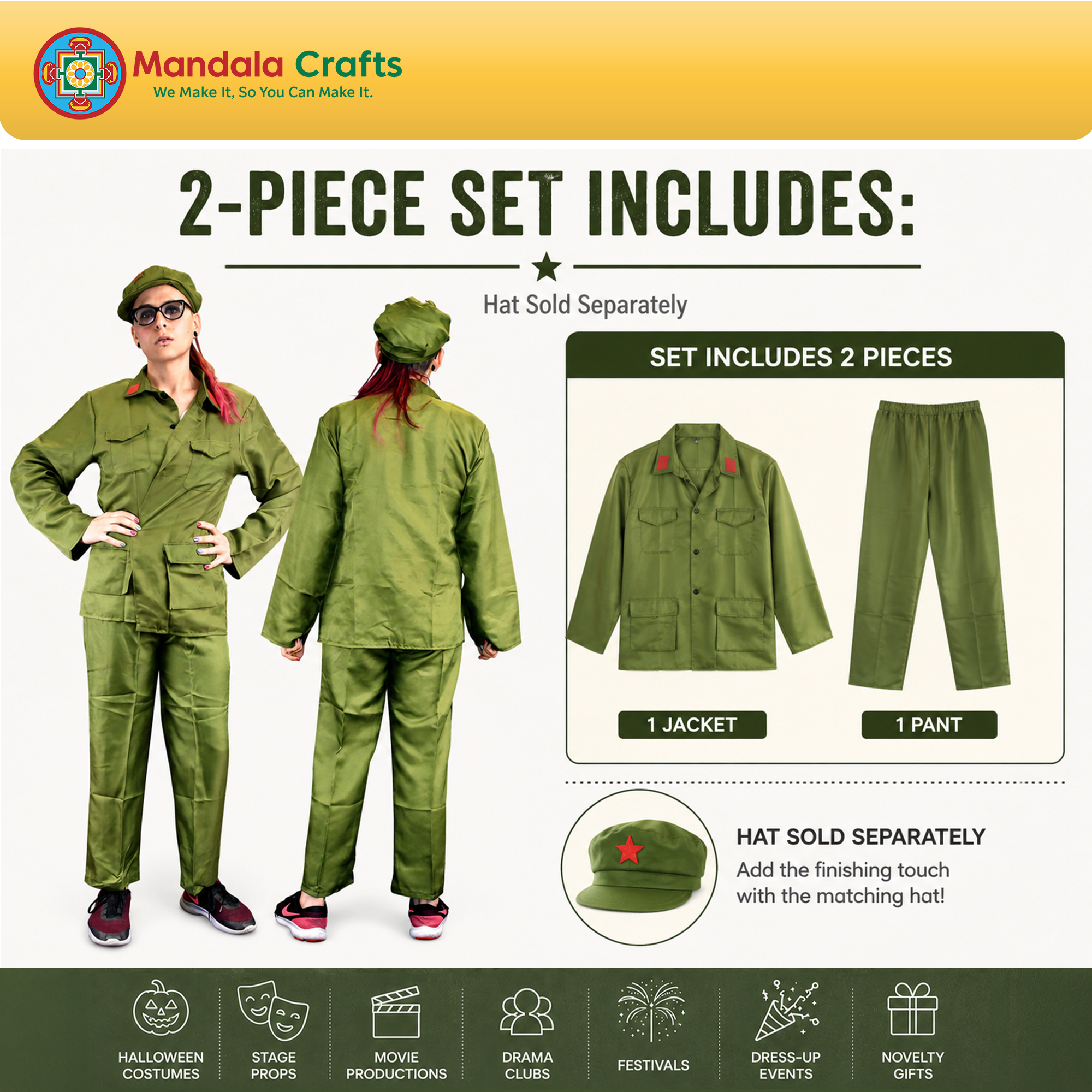 Mandala Crafts Green XL Military Style Mao Uniform Adult Halloween Costume