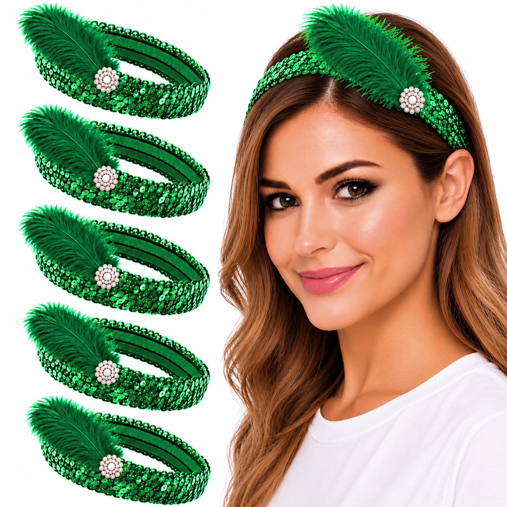Mandala Crafts Glitter Sequin Headbands with Ostrich Feather Flapper for Women – Elastic Sparkle Bands for Disco, Dance, Carnival Party, or Costume Accessories 5 PCs