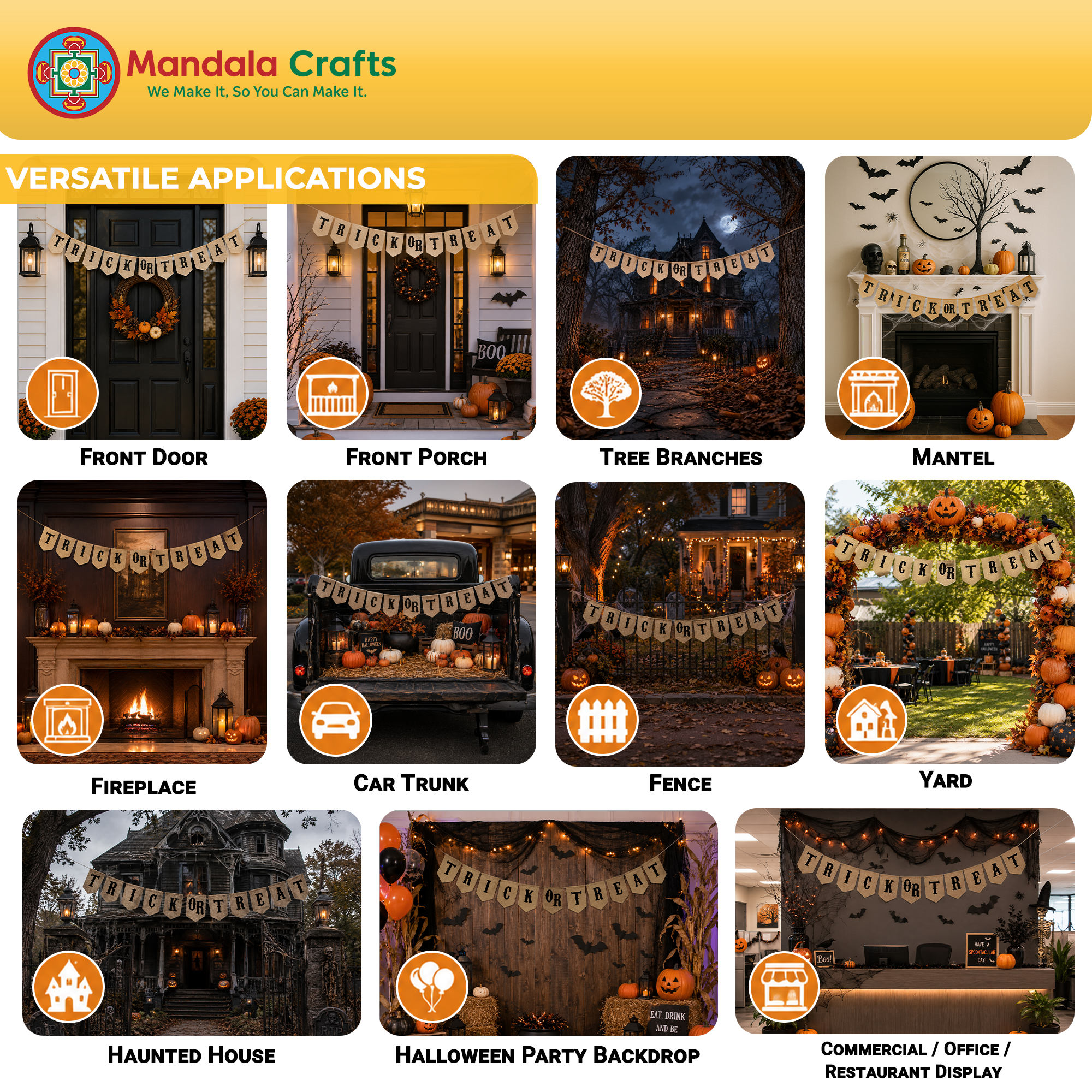 Trick or Treat Halloween Burlap Banner Pennant Garland Bunting for Fireplace Mantle Porch Party Decorations