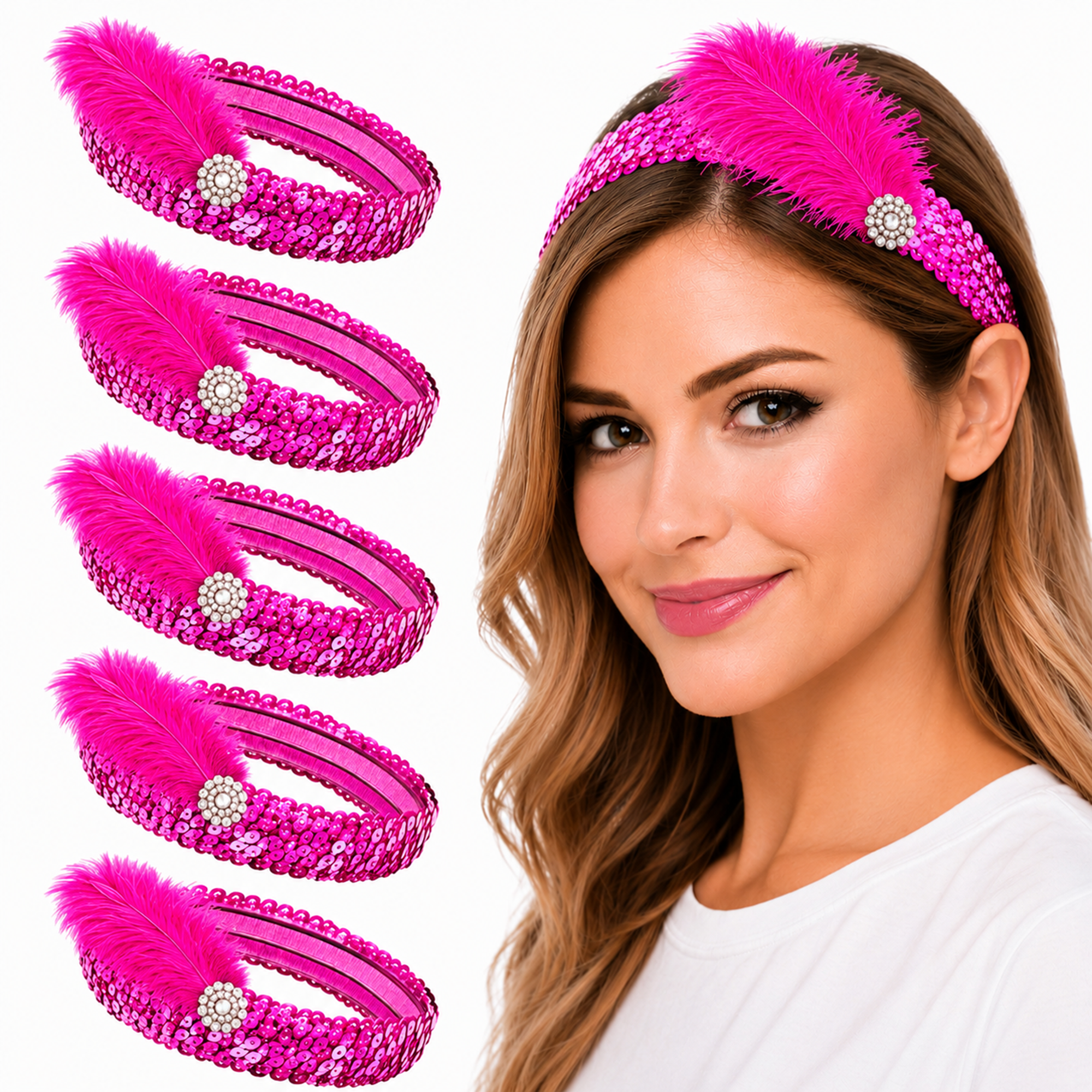 Mandala Crafts Glitter Sequin Headbands with Ostrich Feather Flapper for Women – Elastic Sparkle Bands for Disco, Dance, Carnival Party, or Costume Accessories 5 PCs