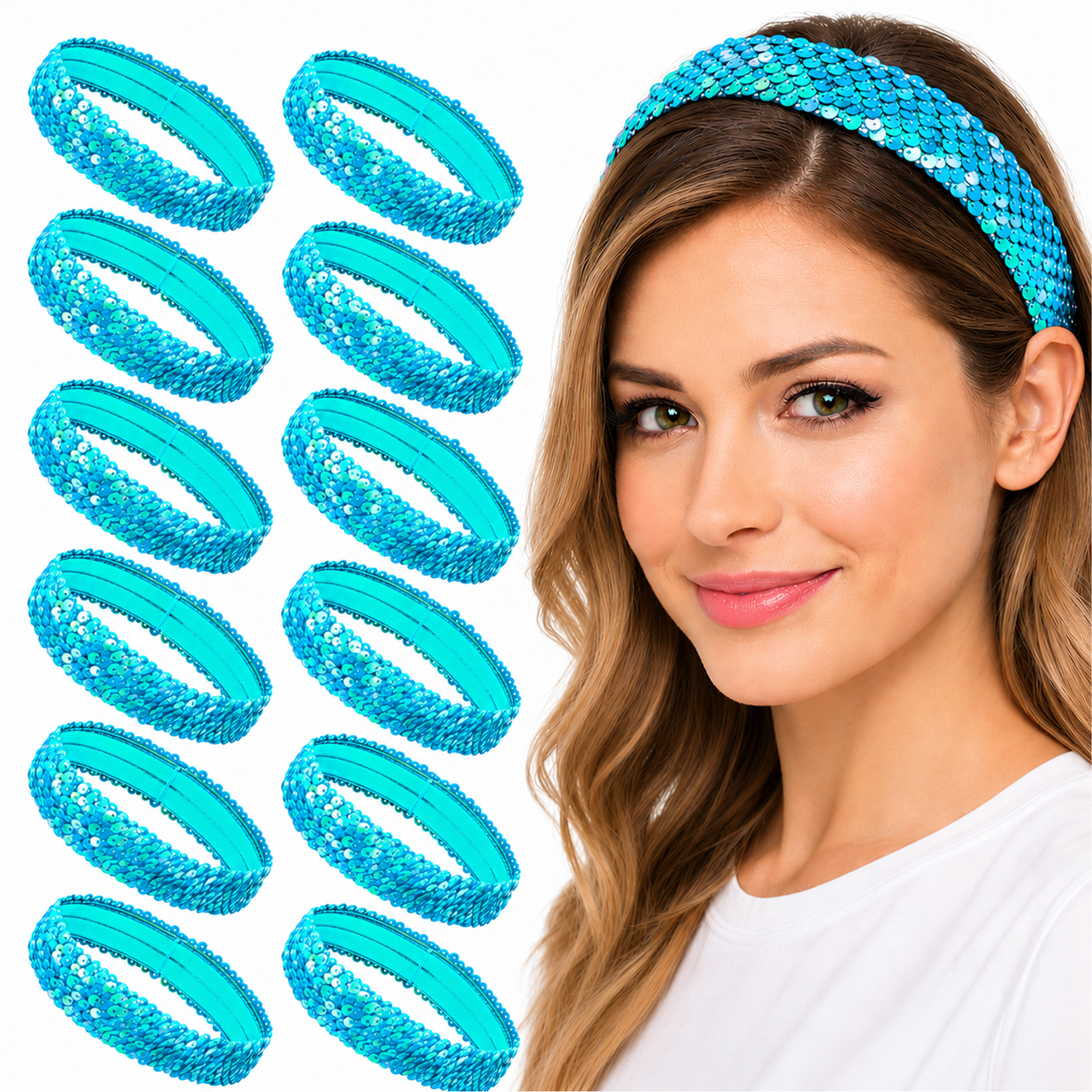 Mandala Crafts Stretch Elastic Sequin Headband, Sparkle Glitter Fashion Head Band 12 Pack Set for Sports, Dance, Party, Women, Girls, Babies