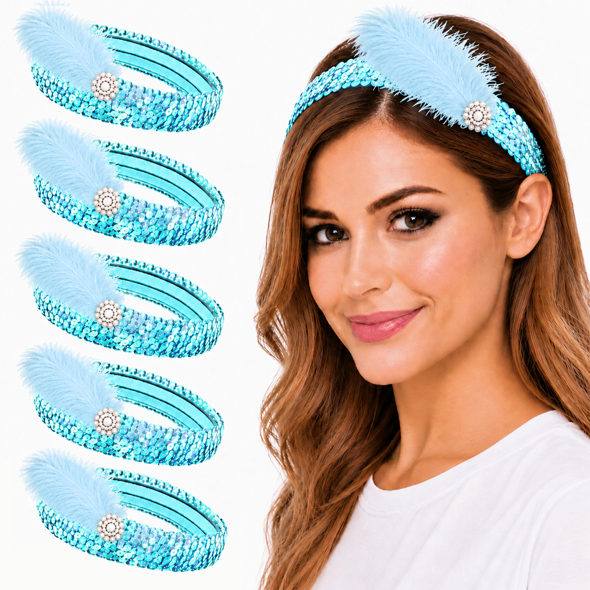 Mandala Crafts Glitter Sequin Headbands with Ostrich Feather Flapper for Women – Elastic Sparkle Bands for Disco, Dance, Carnival Party, or Costume Accessories 5 PCs