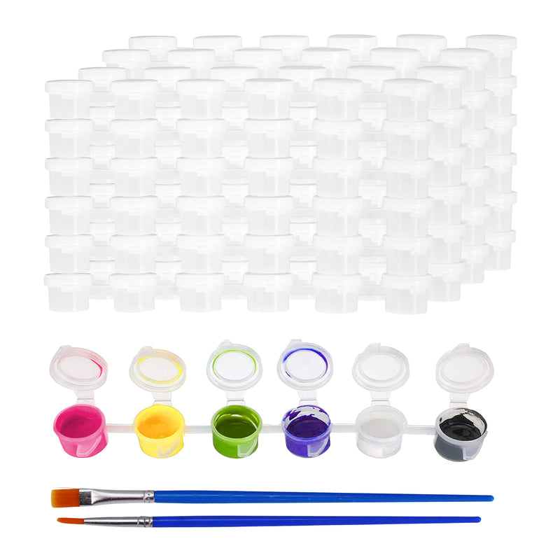 Mandala Crafts 150 Empty Acrylic Paint Pots with Lids 25 Mini Paint Pot Strips - 3ml 0.1oz Plastic Paint Pods 40 Brushes - Clear Small Paint Containers Cups for Paint Storage Crafts
