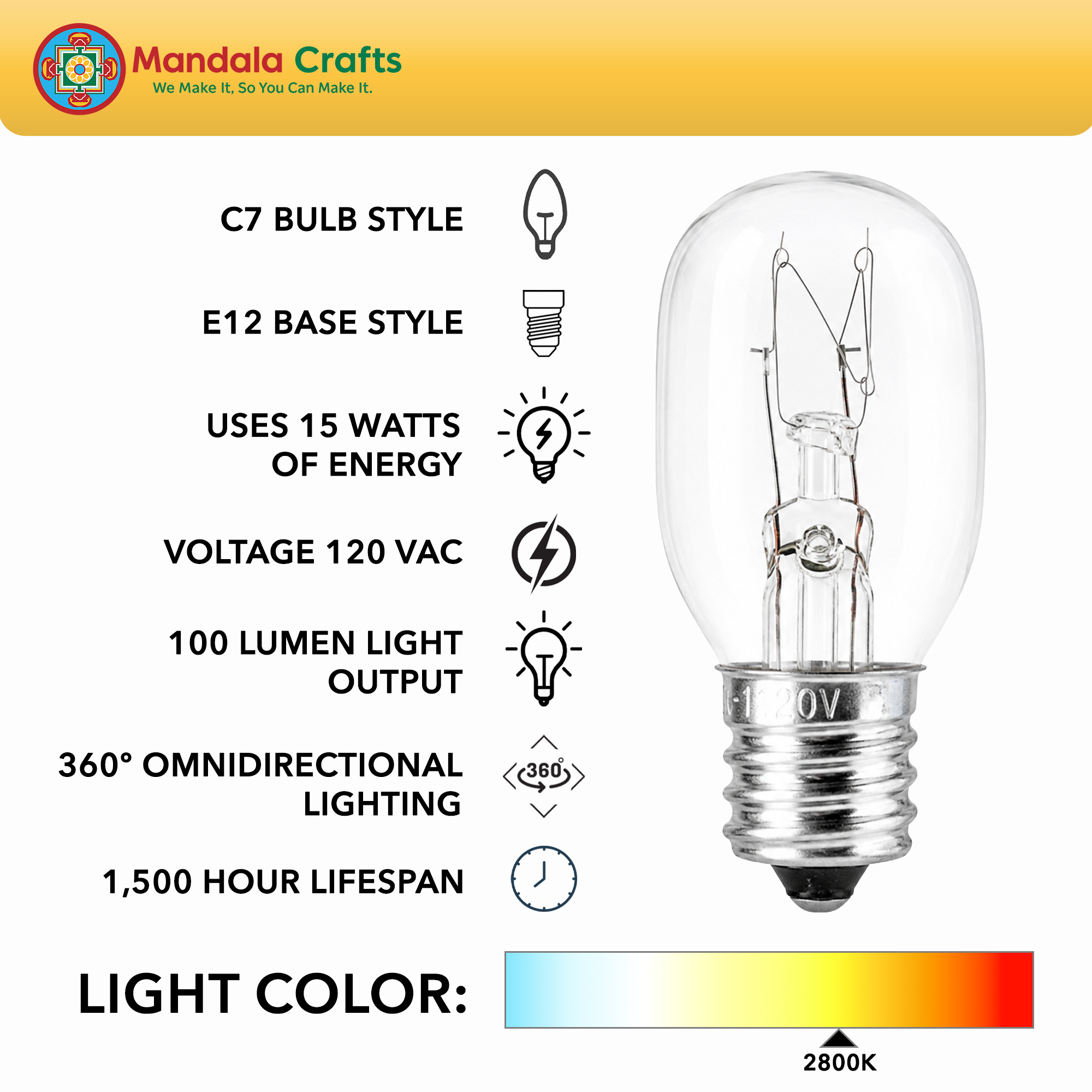 Mandala Crafts 15W E12 C7 Bulbs for Wax Warmers & Himalayan Salt Lamps