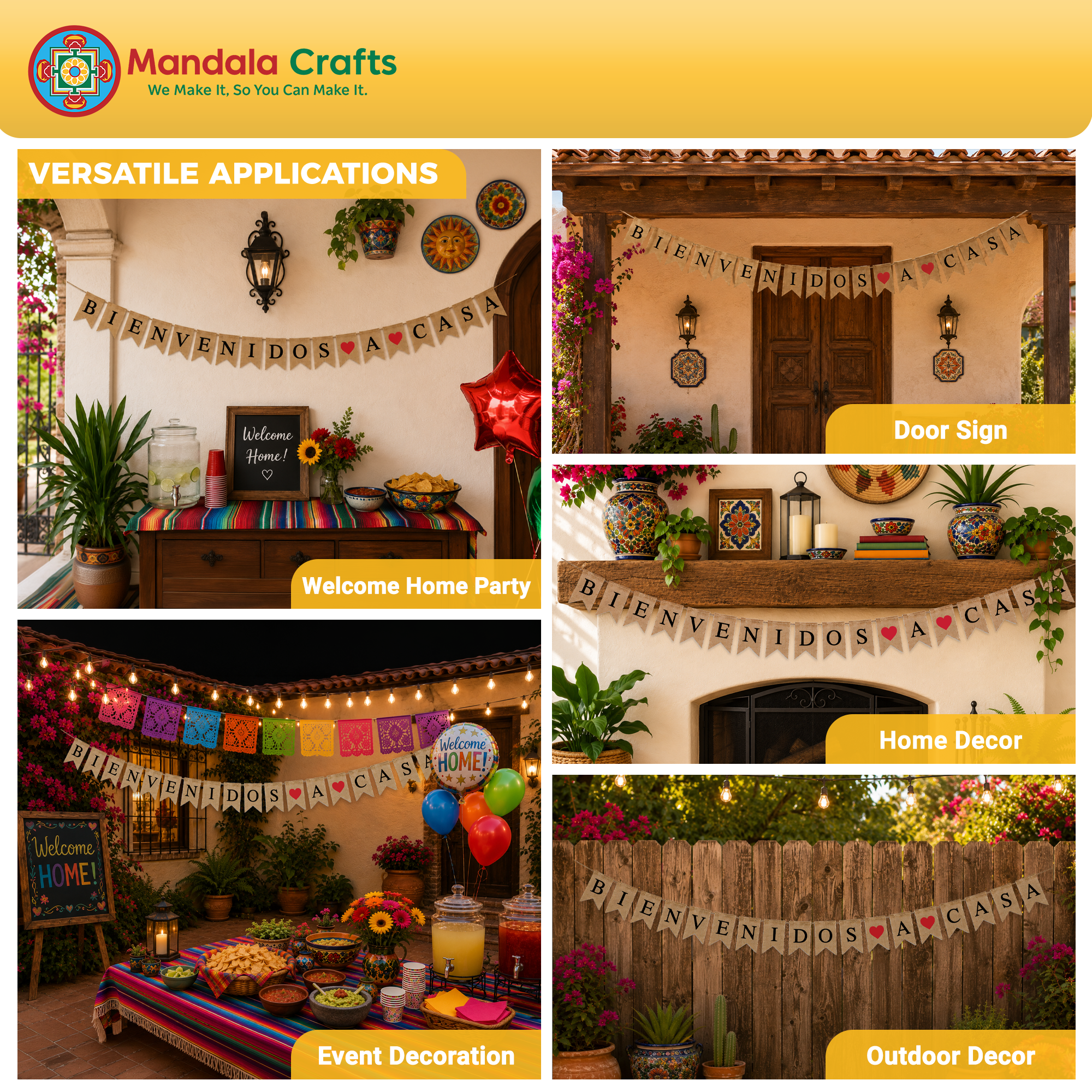 Burlap Bienvenidos a Casa Banner en Español – Rustic Spanish Welcome Bienvenidos Sign Wall Décor, Fiesta & Mexican Bunting for Home, Porch & Party Decorations