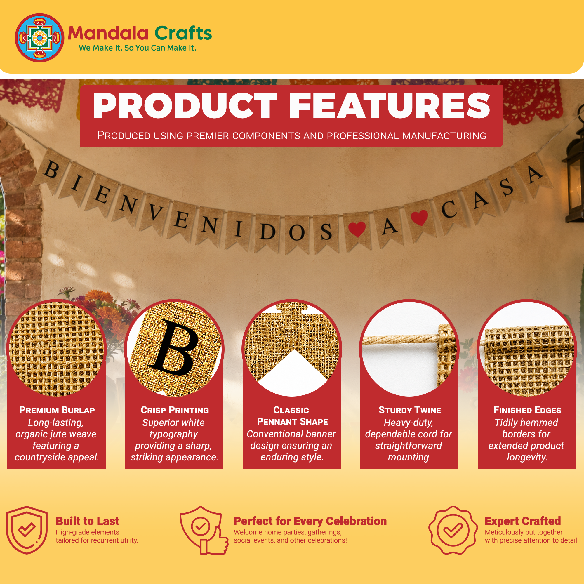 Burlap Bienvenidos a Casa Banner en Español – Rustic Spanish Welcome Bienvenidos Sign Wall Décor, Fiesta & Mexican Bunting for Home, Porch & Party Decorations