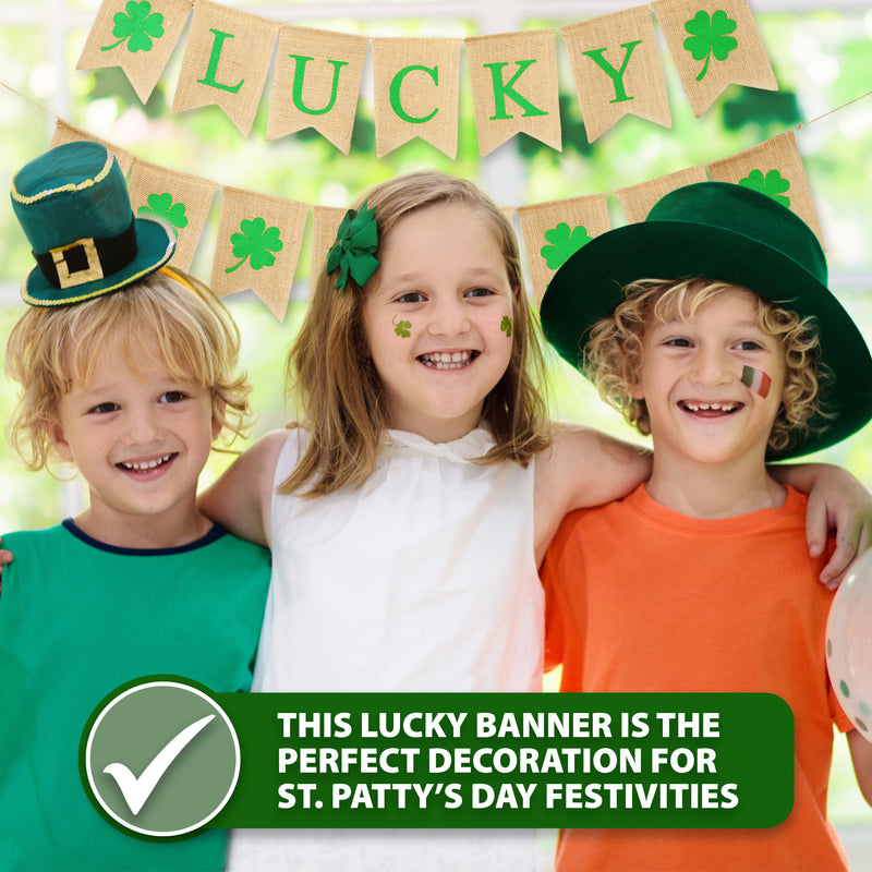 Mandala Crafts Burlap Happy St Patricks Day Banner for St Patricks Day Decorations – Irish Four Leaf Clover Lucky Banner Green Shamrock Garland
