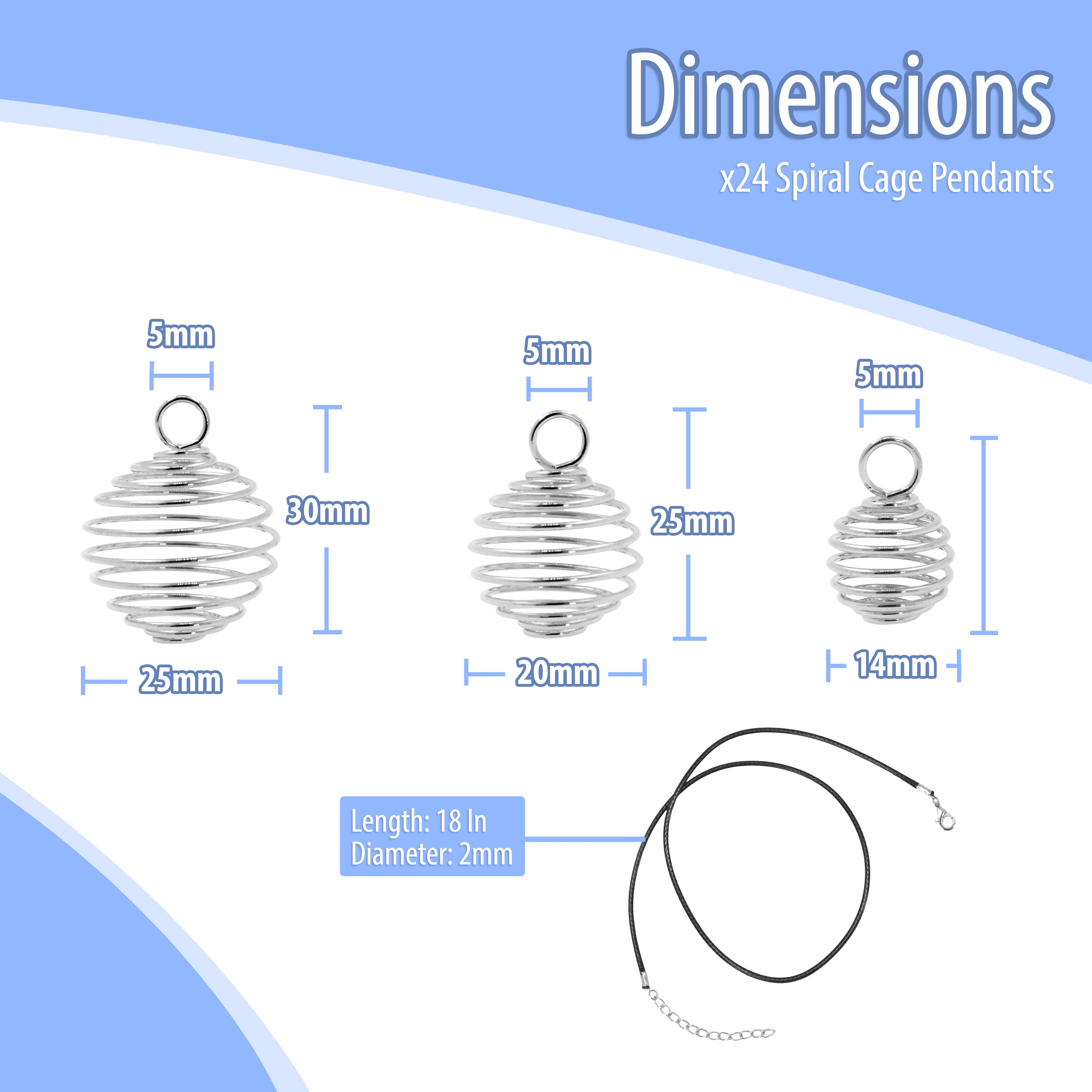 Cage Necklace Pendant with Necklace Cord Spiral Bead Cages Stone Holder Necklace Cage Pendants for Jewelry Making Crafting 24 Sets 14mm 20mm 25mm