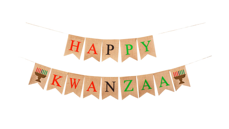 Mandala Crafts Jute Burlap Happy Kwanzaa Banner with Kinara Sign – Rustic African Kwanzaa Decorations for Home Holiday Party Mantel Fireplace African Heritage Decor