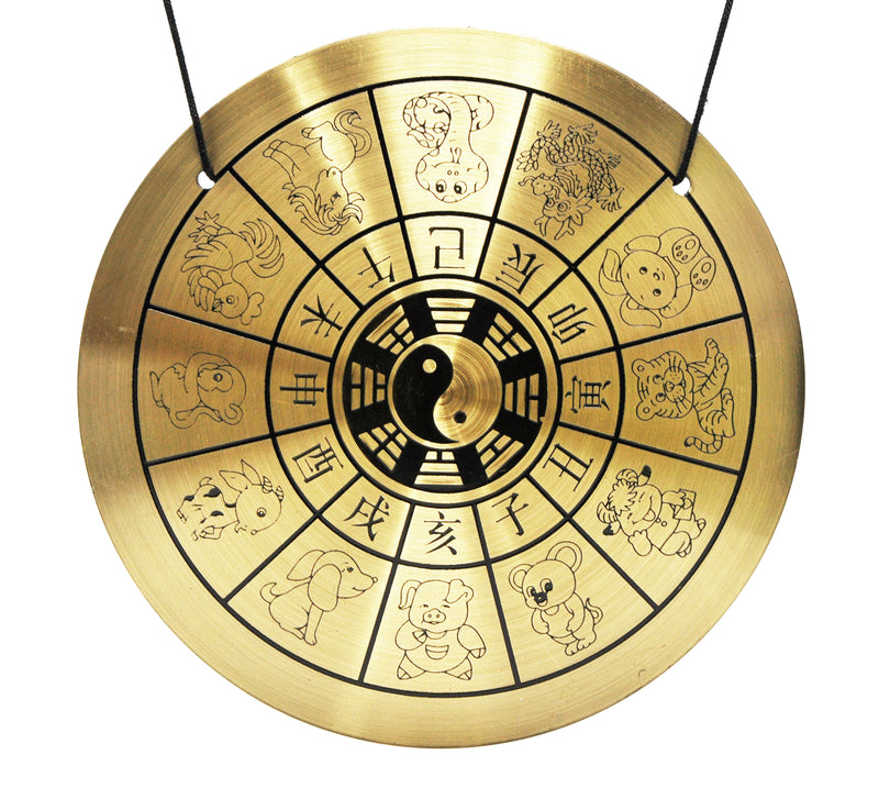 Mandala Crafts Chinese Gong - Mini Gong with Stand - Zen Art Brass Feng Shui Desktop Gong with Stand Asian Gong Bell for Home Decoration Chinese Zodiac Signs