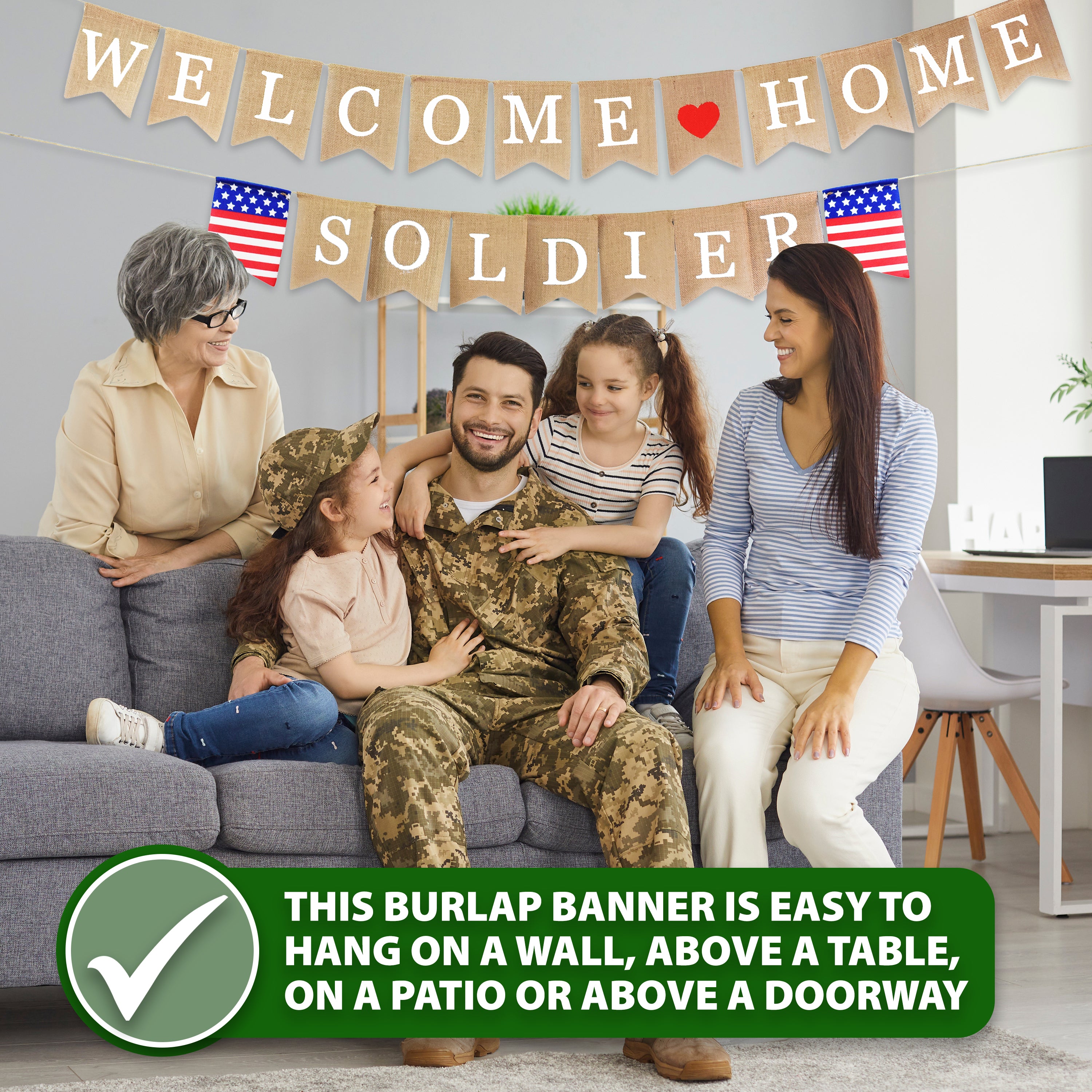 Mandala Crafts Welcome Home Soldier Banner Garland for Military Homecoming Decorations - Burlap Patriotic Military Welcome Home Banner Sign