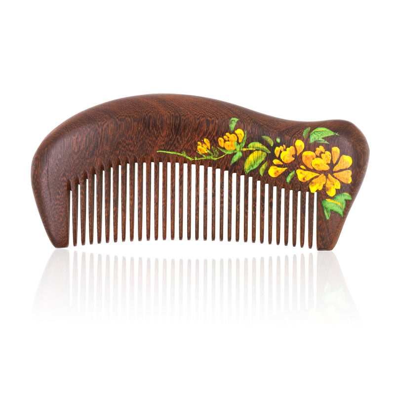 Mandala Crafts Wooden Comb - Yellow Flower Rosewood Anti-Static Wood Comb - Wooden Wide Tooth Hair Comb for Men Women Straight Curly Hair Detangling Beard