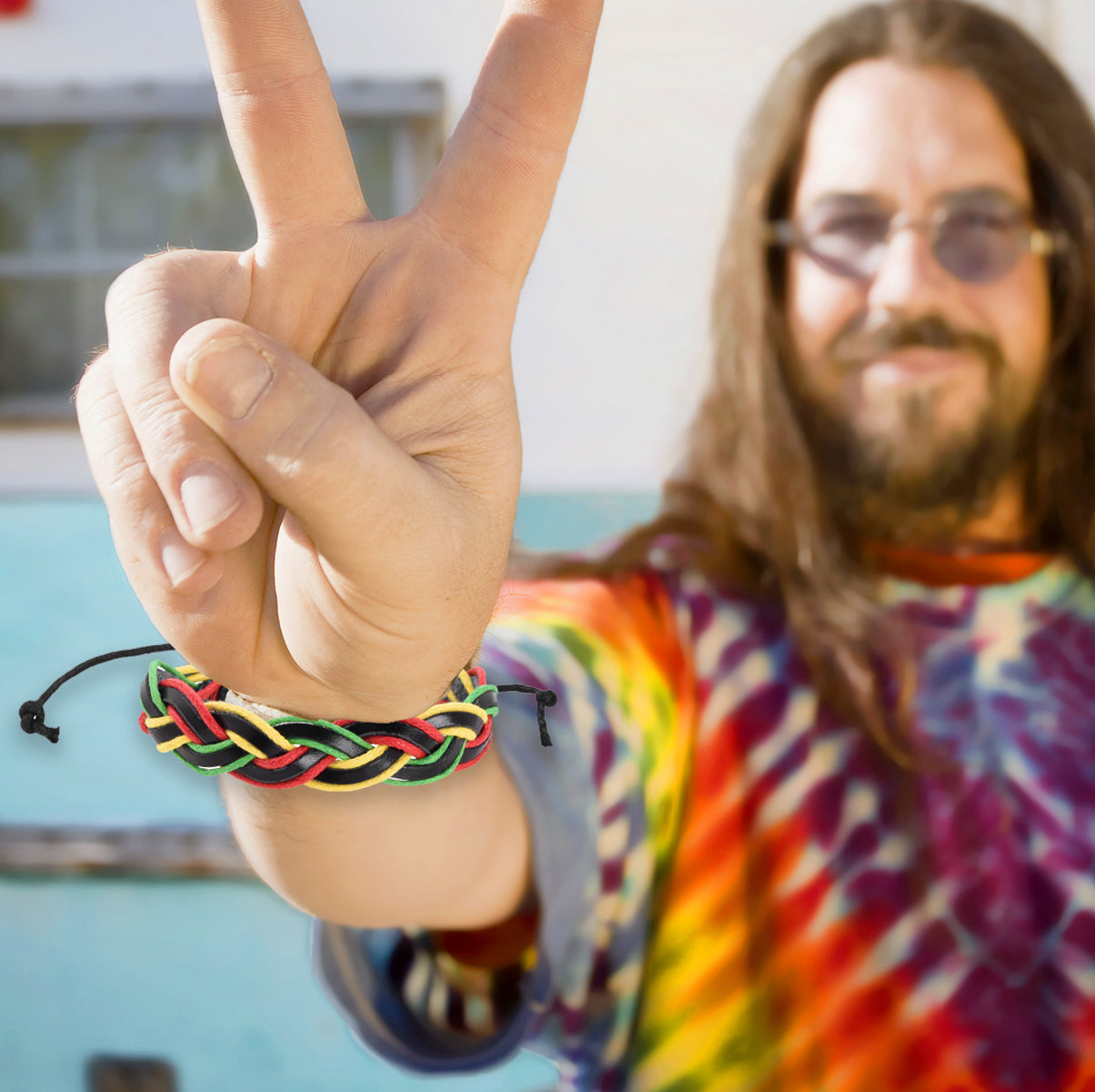 Mudra Crafts Leather Womens Mens Rasta Bracelet Set - Boho Mens Hippy Bracelet - Jamaican Reggae Bracelet Black Green Yellow Red Pattern Bohemian Hippie Wristband